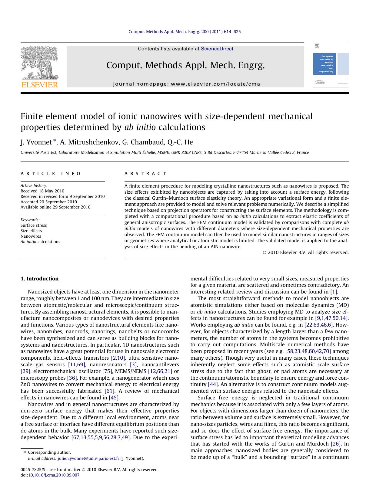 Finite element model of ionic nanowires with size-dependent mechanical properties determined by ab initio calculations by J. Yvonnet & A. Mitrushchenkov & G. Chambaud & Q.-C. He