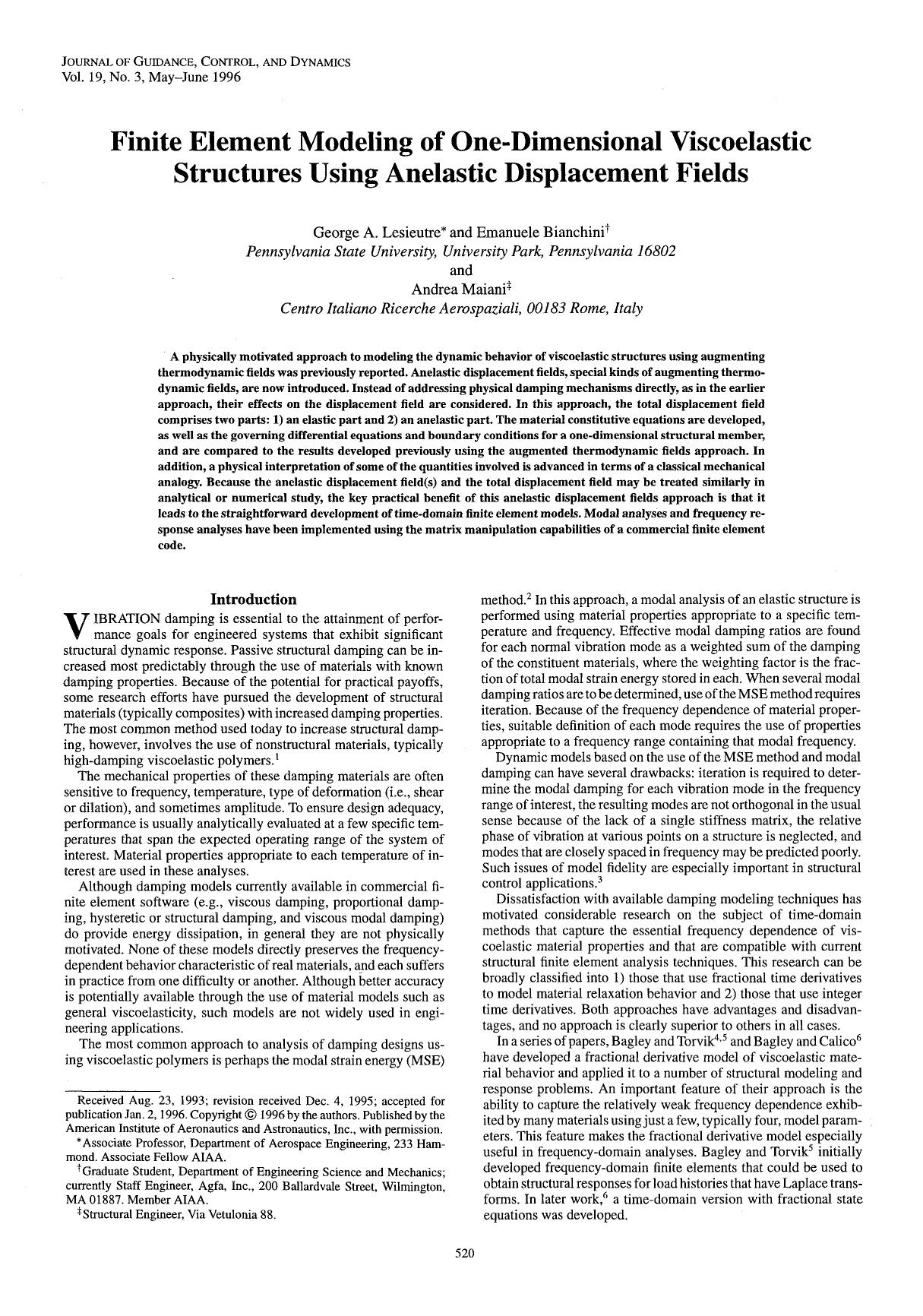 Finite element modeling of one-dimensional viscoelastic structures using anelastic displacement fields by Unknown