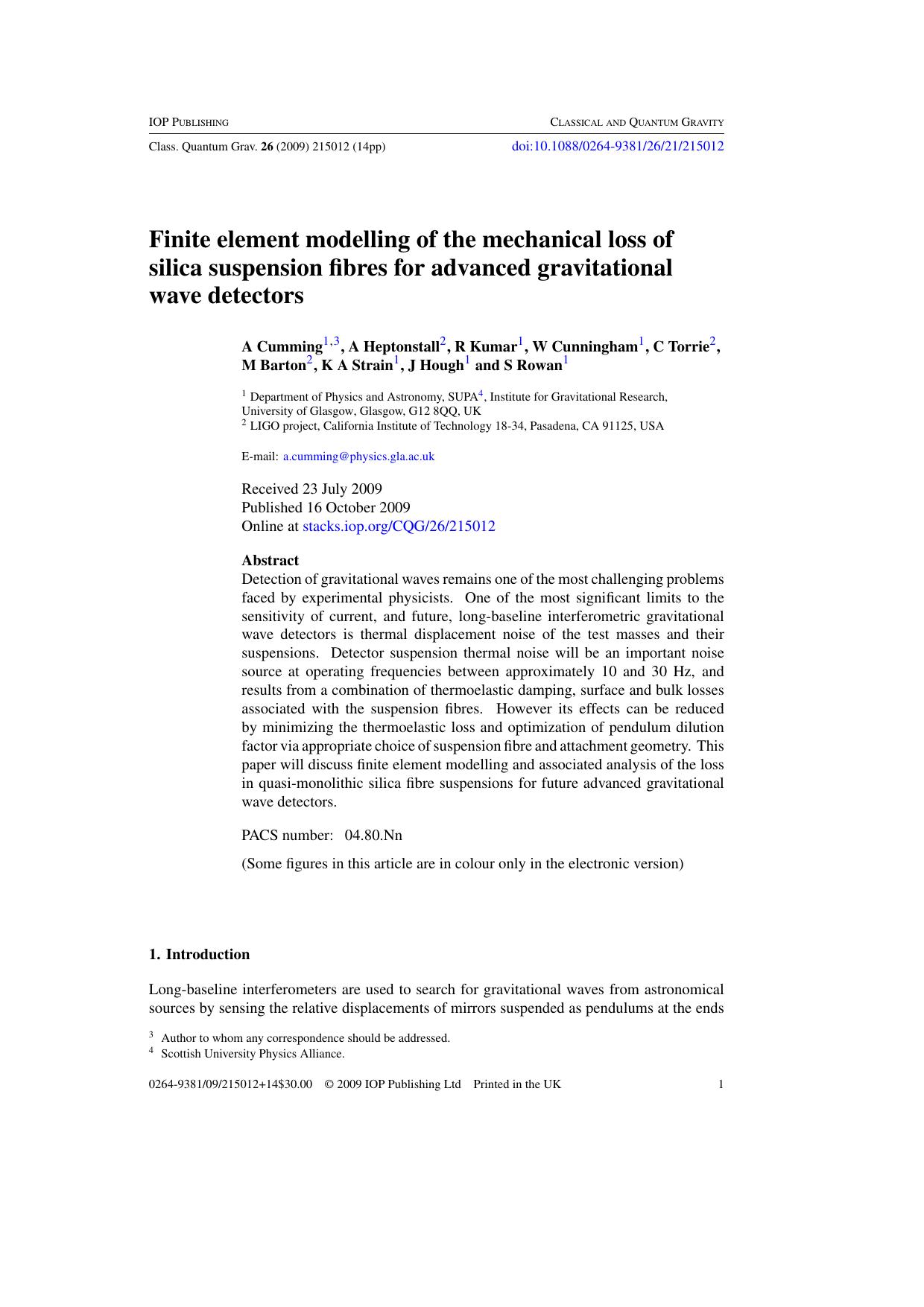 Finite element modelling of the mechanical loss of silica suspension fibres for advanced gravitational wave detectors by A Cumming et al