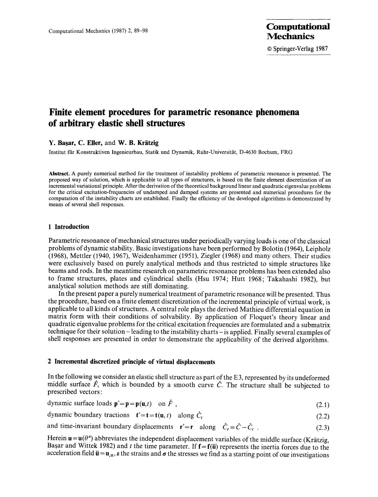 Finite element procedures for parametric resonance phenomena of arbitrary elastic shell structures by Unknown