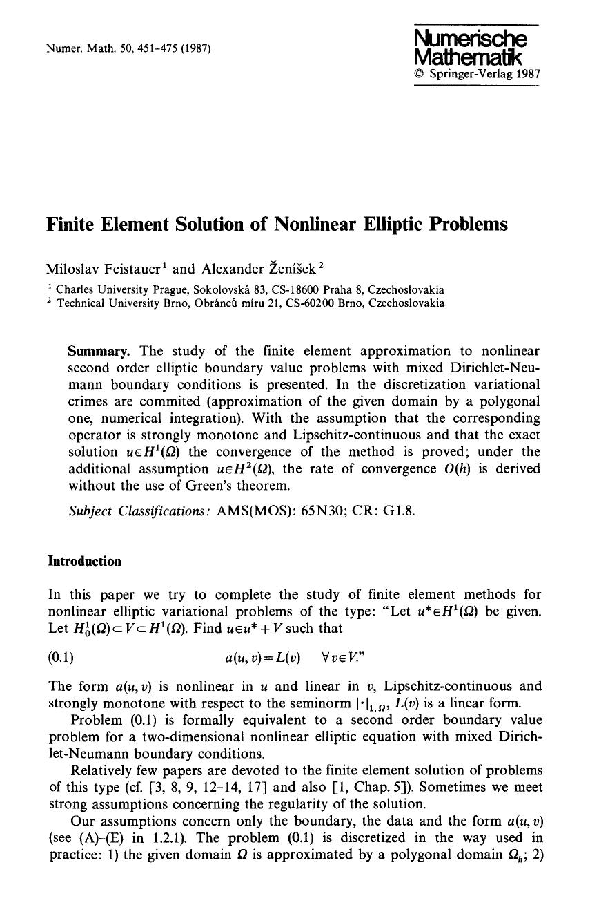 Finite element solution of nonlinear elliptic problems by Unknown