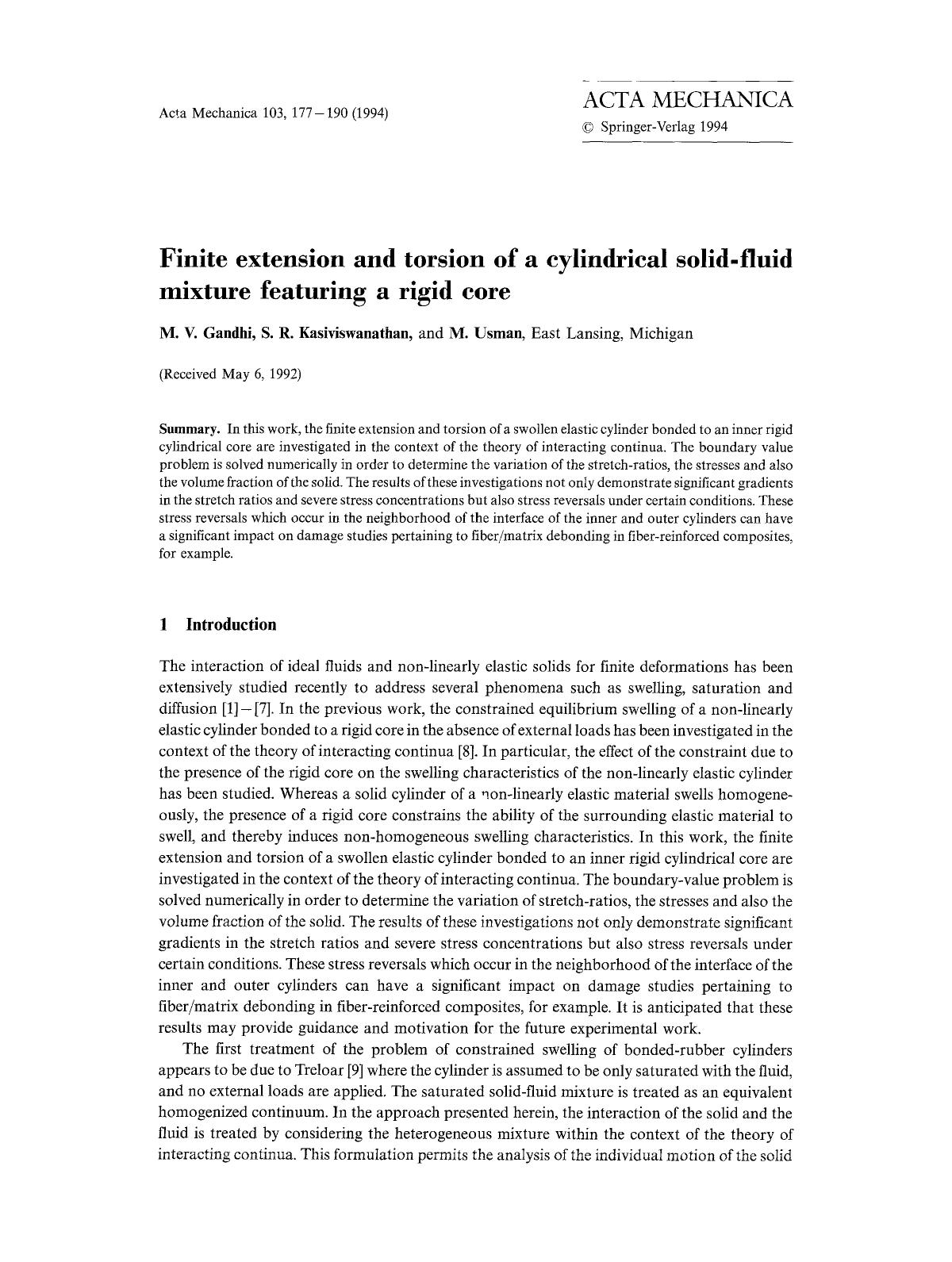 Finite extension and torsion of a cylindrical solid-fluid mixture featuring a rigid core by Unknown