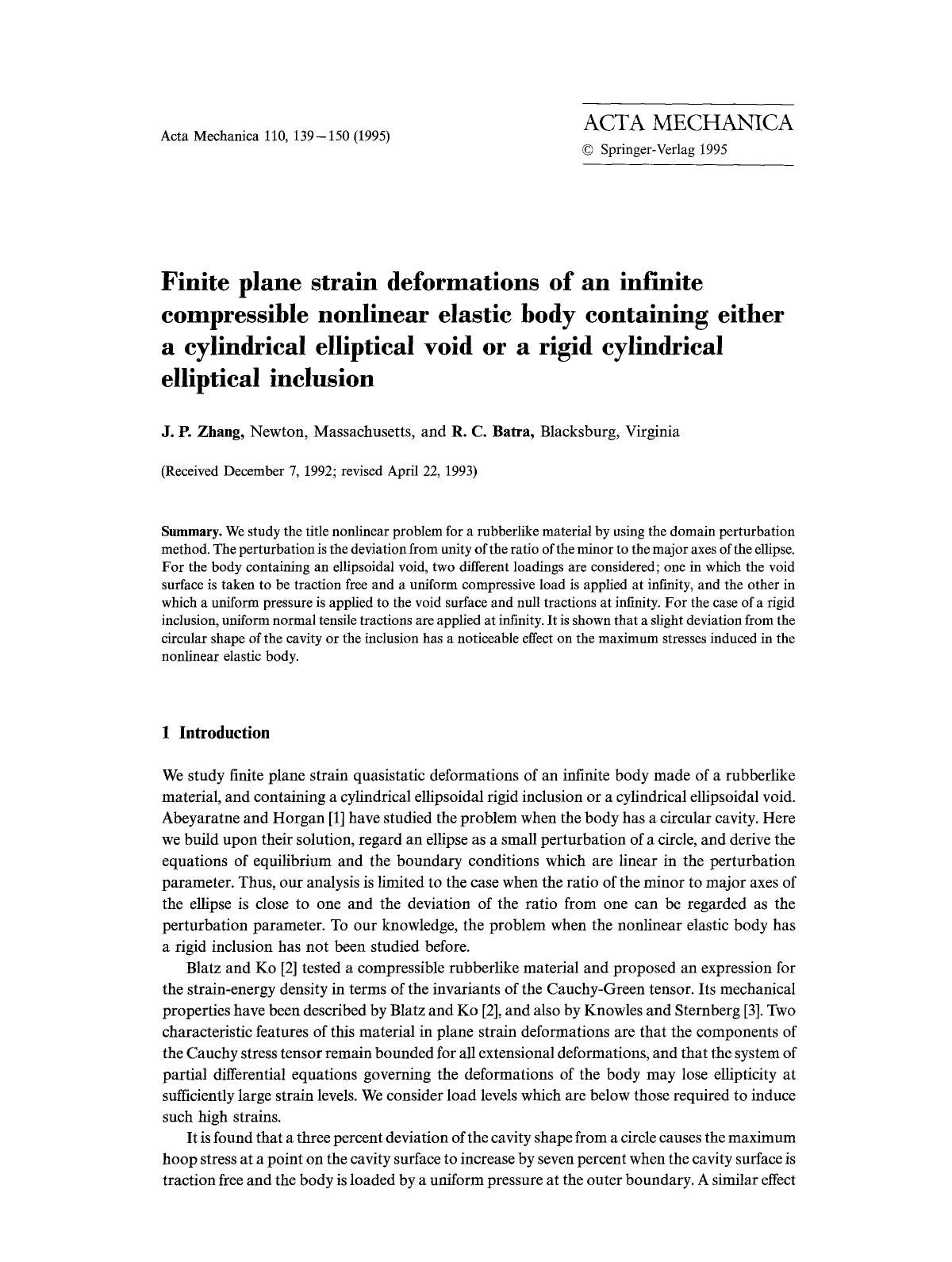 Finite plane strain deformations of an infinite compressible nonlinear elastic body containing either a cylindrical elliptical void or a rigid cylindrical elliptical inclusion by Unknown