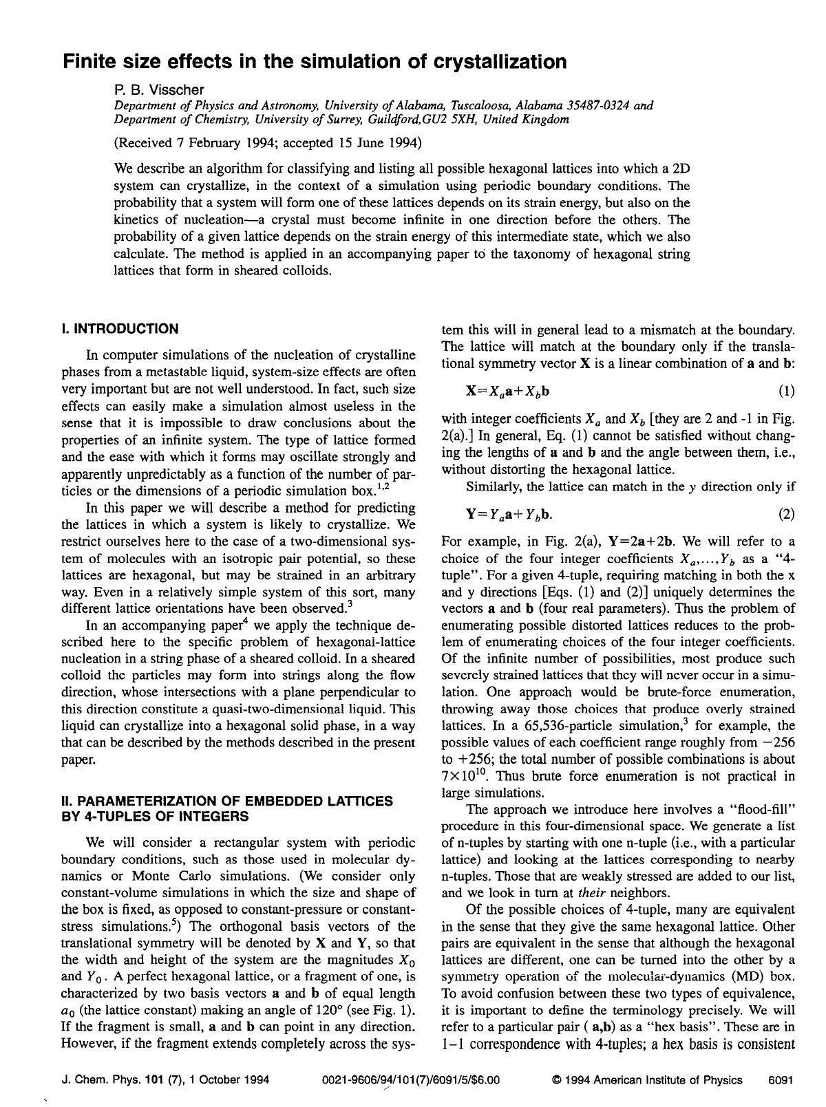 Finite size effects in the simulation of crystallization by P. B. Visscher