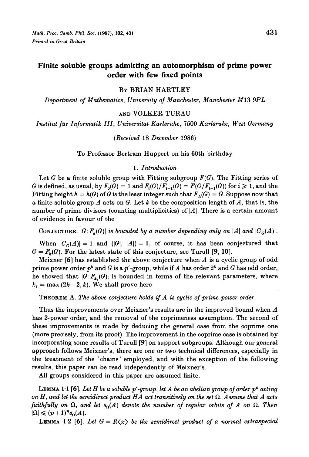 Finite soluble groups admitting an automorphism of prime power order with few fixed points by Brian Hartley & Volker Turau