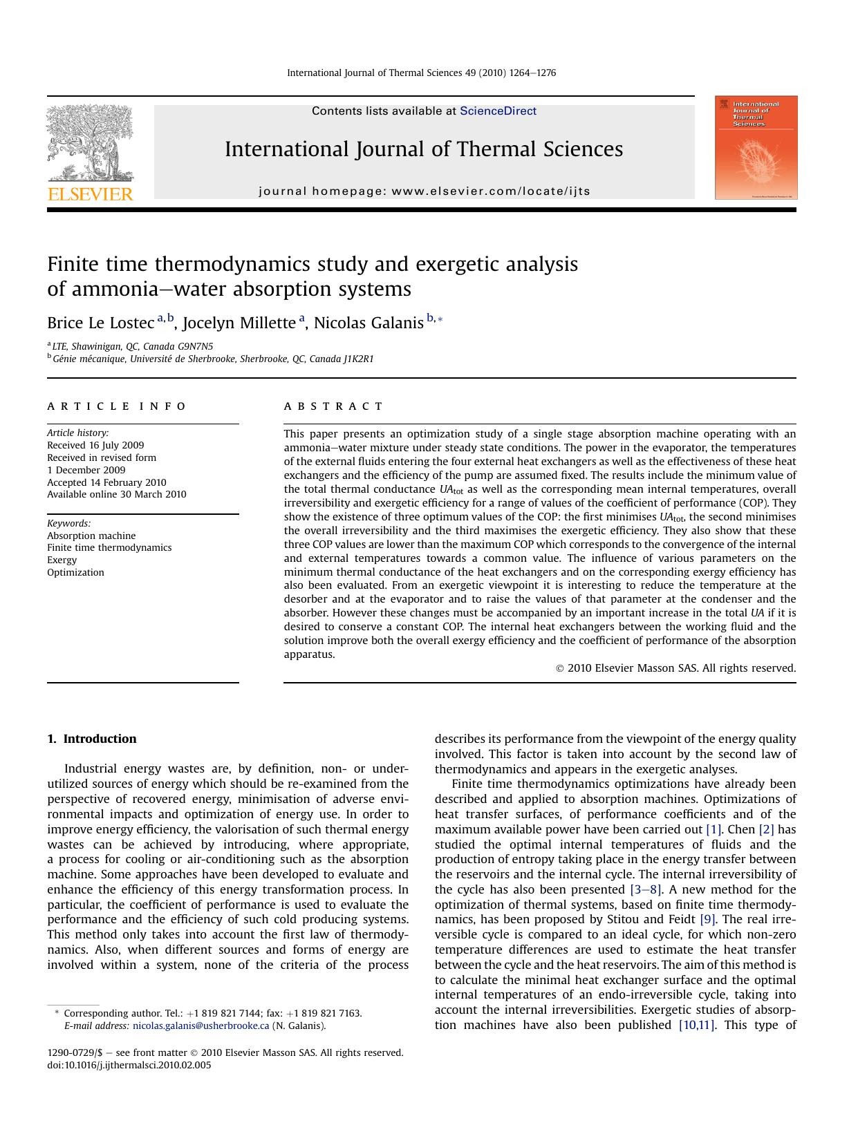Finite time thermodynamics study and exergetic analysis of ammonia-water absorption systems by Brice Le Lostec; Jocelyn Millette; Nicolas Galanis