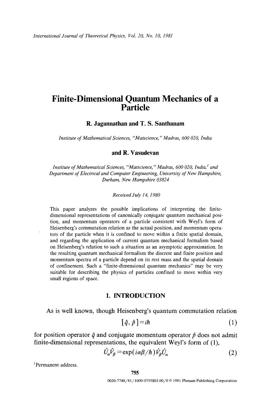 Finite-dimensional quantum mechanics of a particle by Unknown