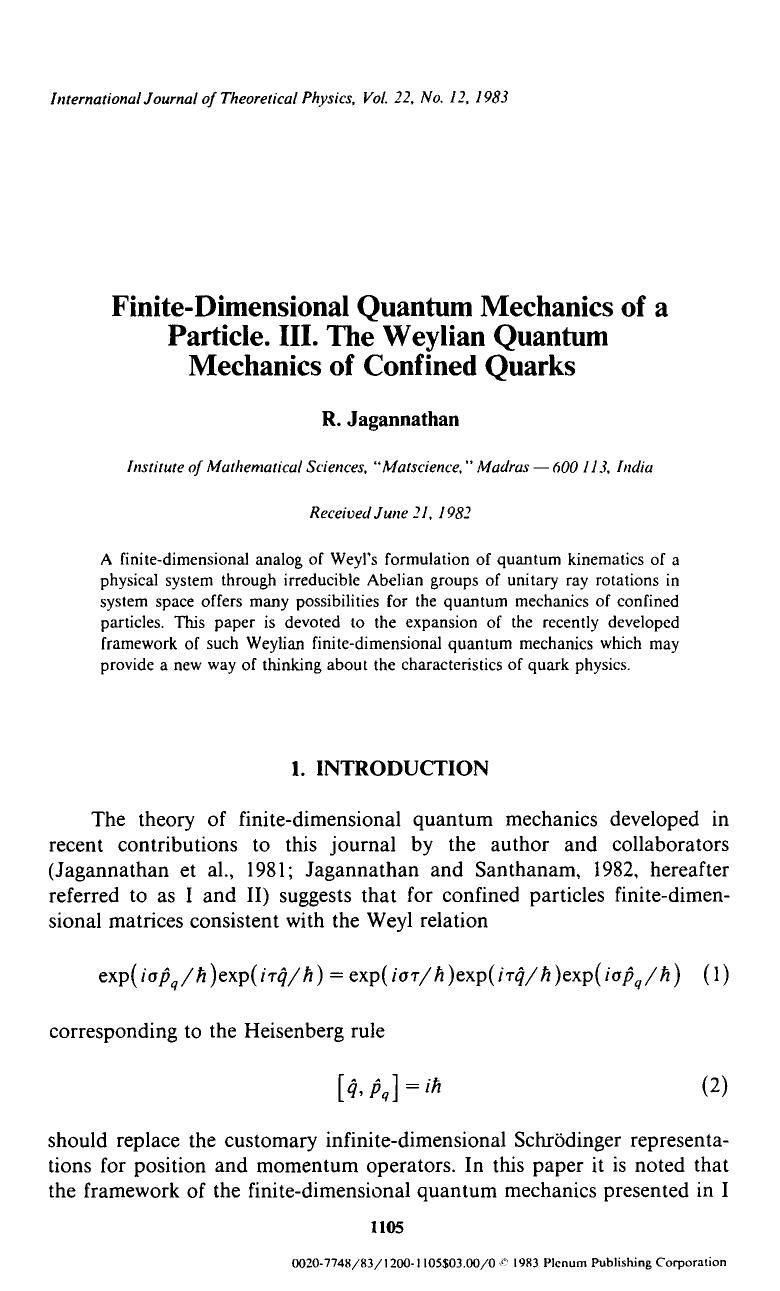 Finite-dimensional quantum mechanics of a particle. III. The Weylian quantum mechanics of confined quarks by Unknown
