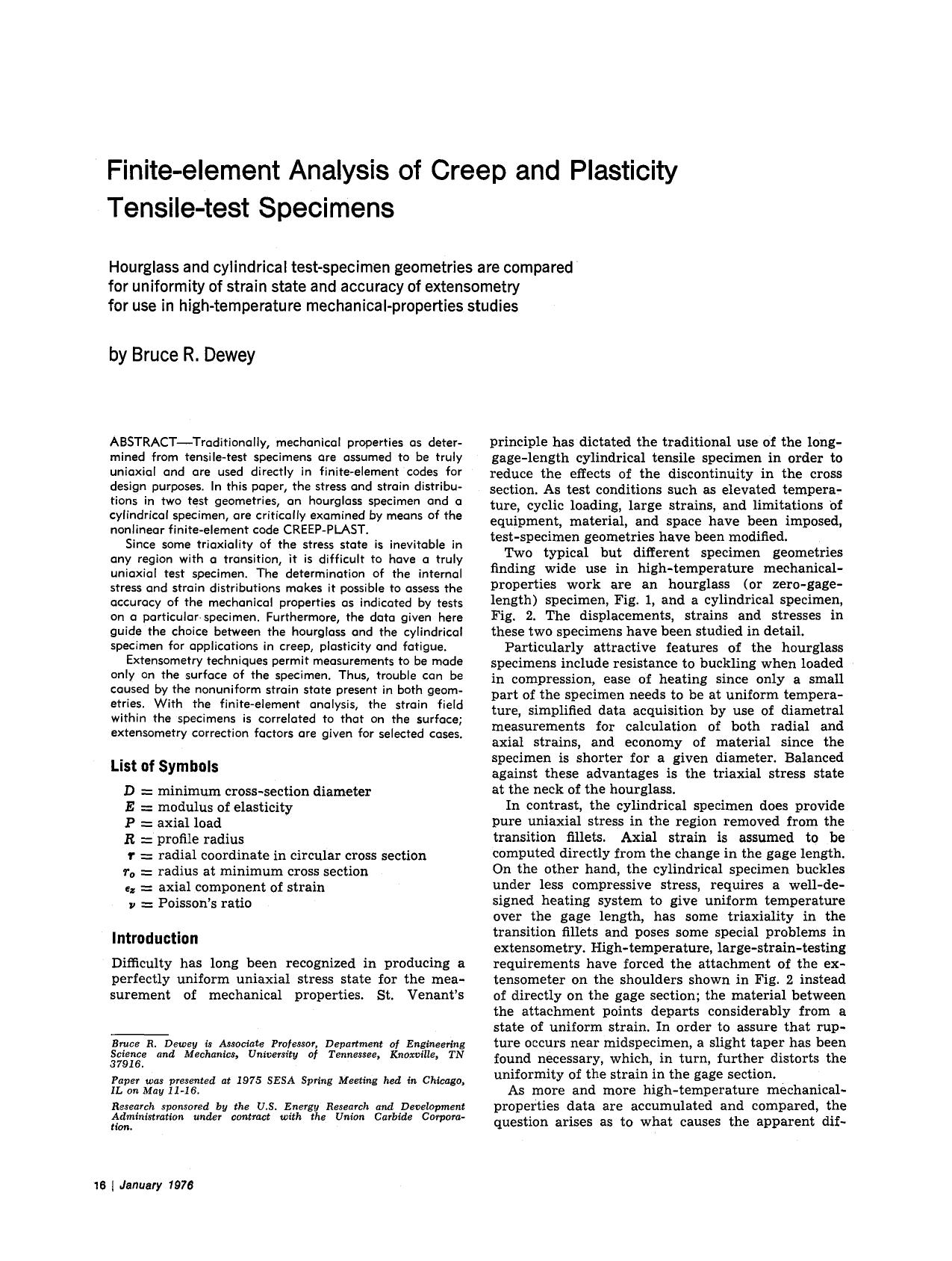 Finite-element analysis of creep and plasticity tensile-test specimens by Unknown