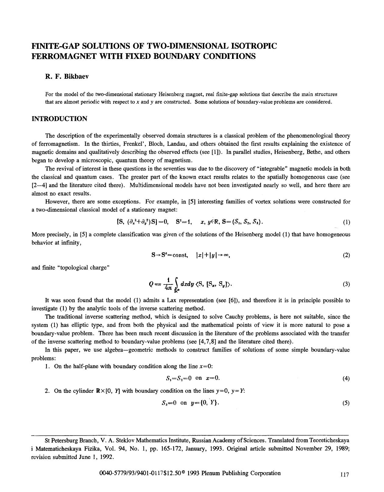 Finite-gap solutions of two-dimensional isotropic ferromagnet with fixed boundary conditions by Unknown