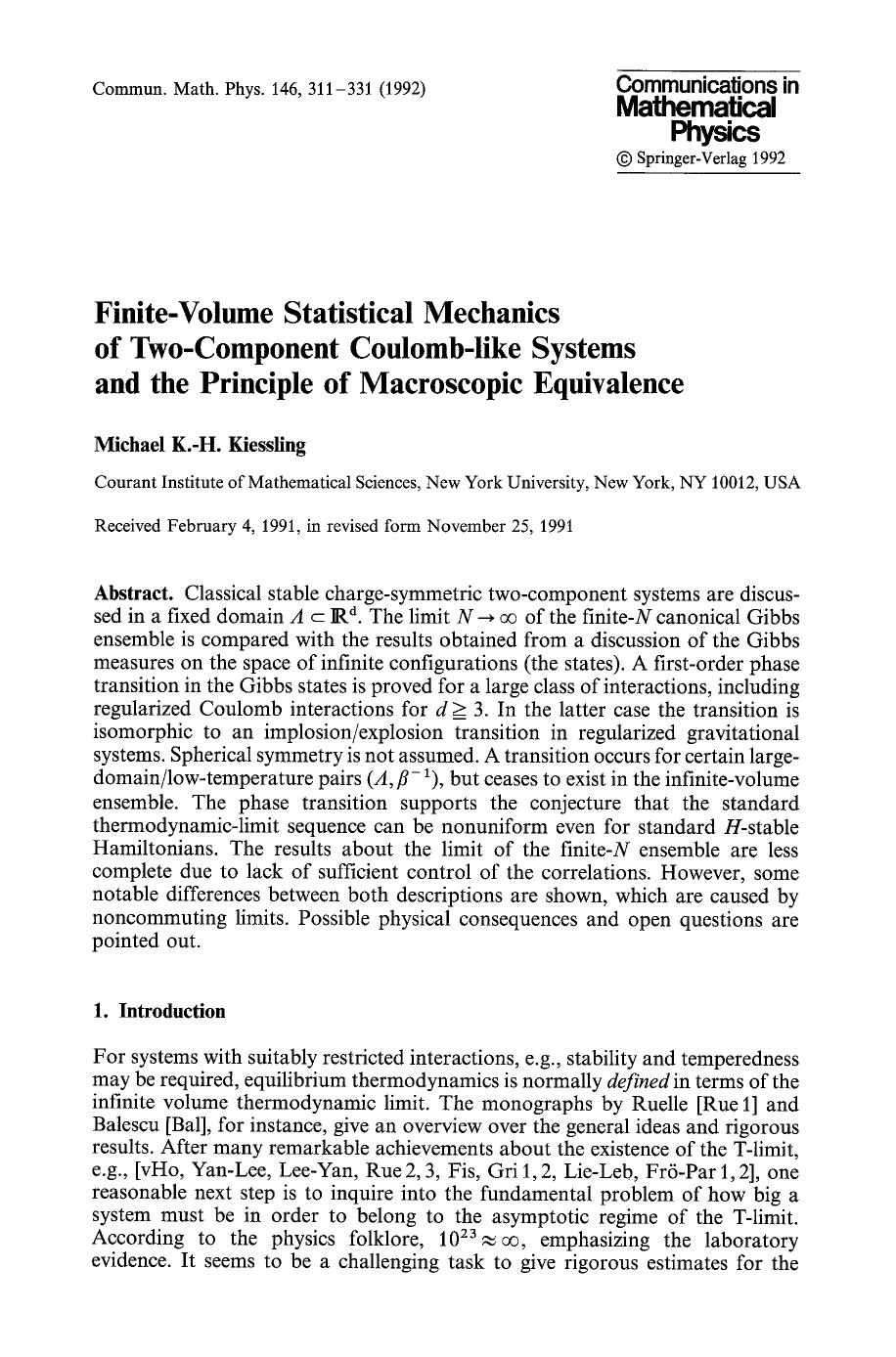 Finite-volume statistical mechanics of two-component Coulomb-like systems and the principle of macroscopic equivalence by Unknown