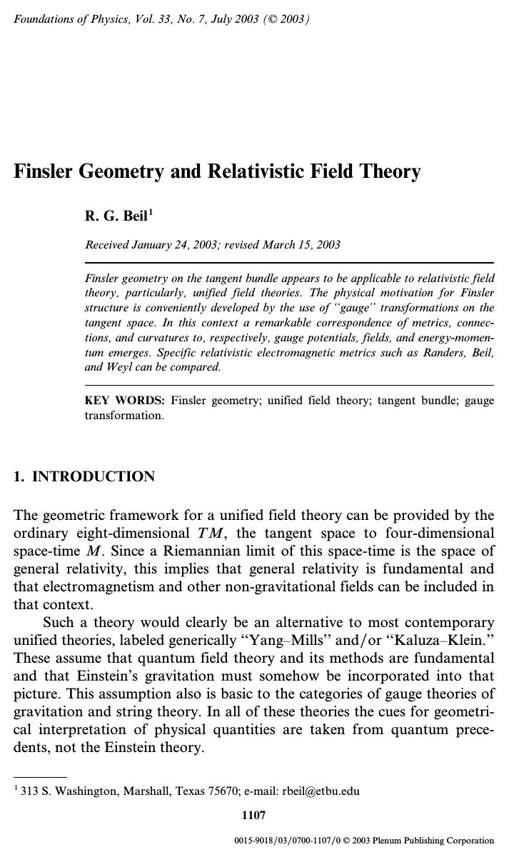 Finsler Geometry and Relativistic Field Theory by Unknown