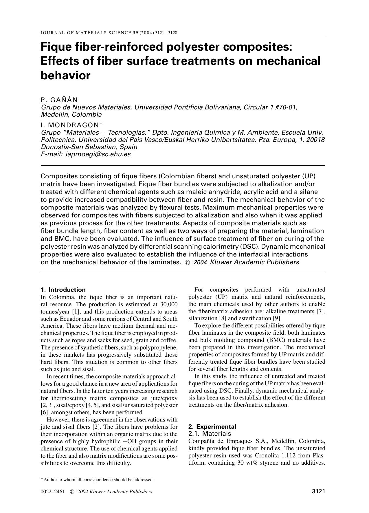 Fique fiber-reinforced polyester composites: Effects of fiber surface treatments on mechanical behavior by Unknown