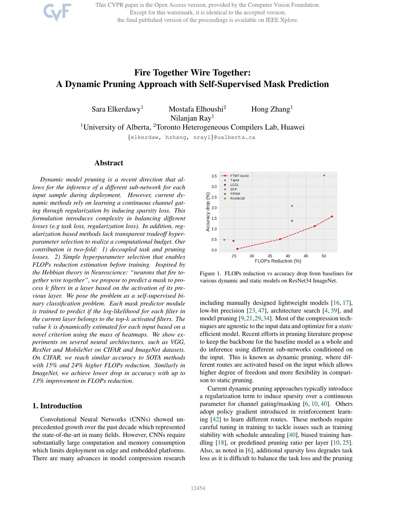 Fire Together Wire Together: A Dynamic Pruning Approach With Self-Supervised Mask Prediction by Sara Elkerdawy & Mostafa Elhoushi & Hong Zhang & Nilanjan Ray
