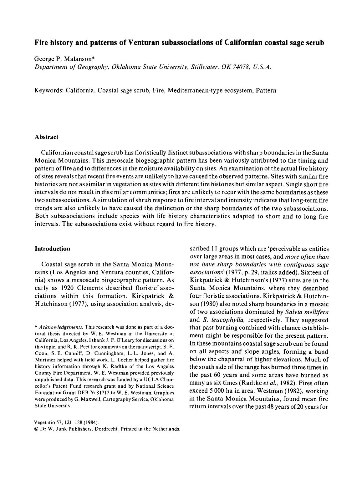 Fire history and patterns of Venturan subassociations of Californian coastal sage scrub by Unknown