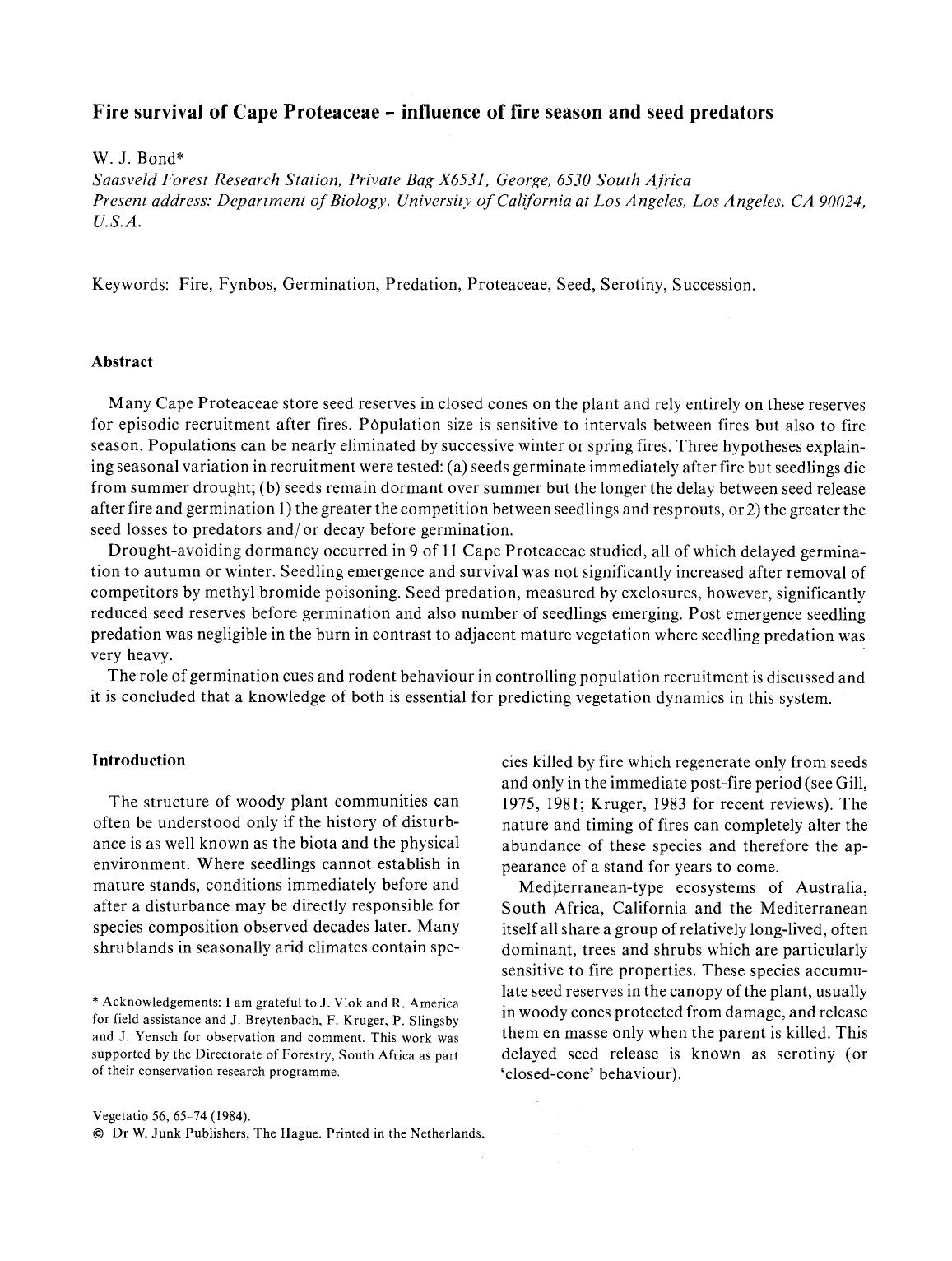 Fire survival of Cape Proteaceae-influence of fire season and seed predators by Unknown