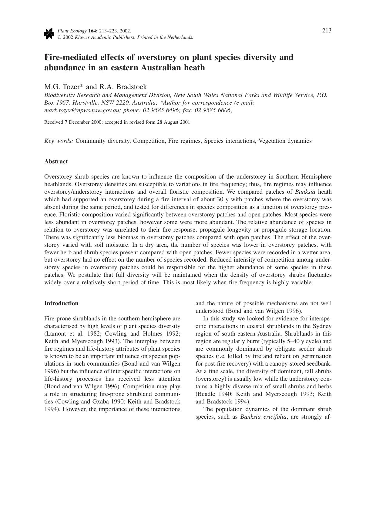 Fire-mediated effects of overstorey on plant species diversity and abundance in an eastern Australian heath by Unknown