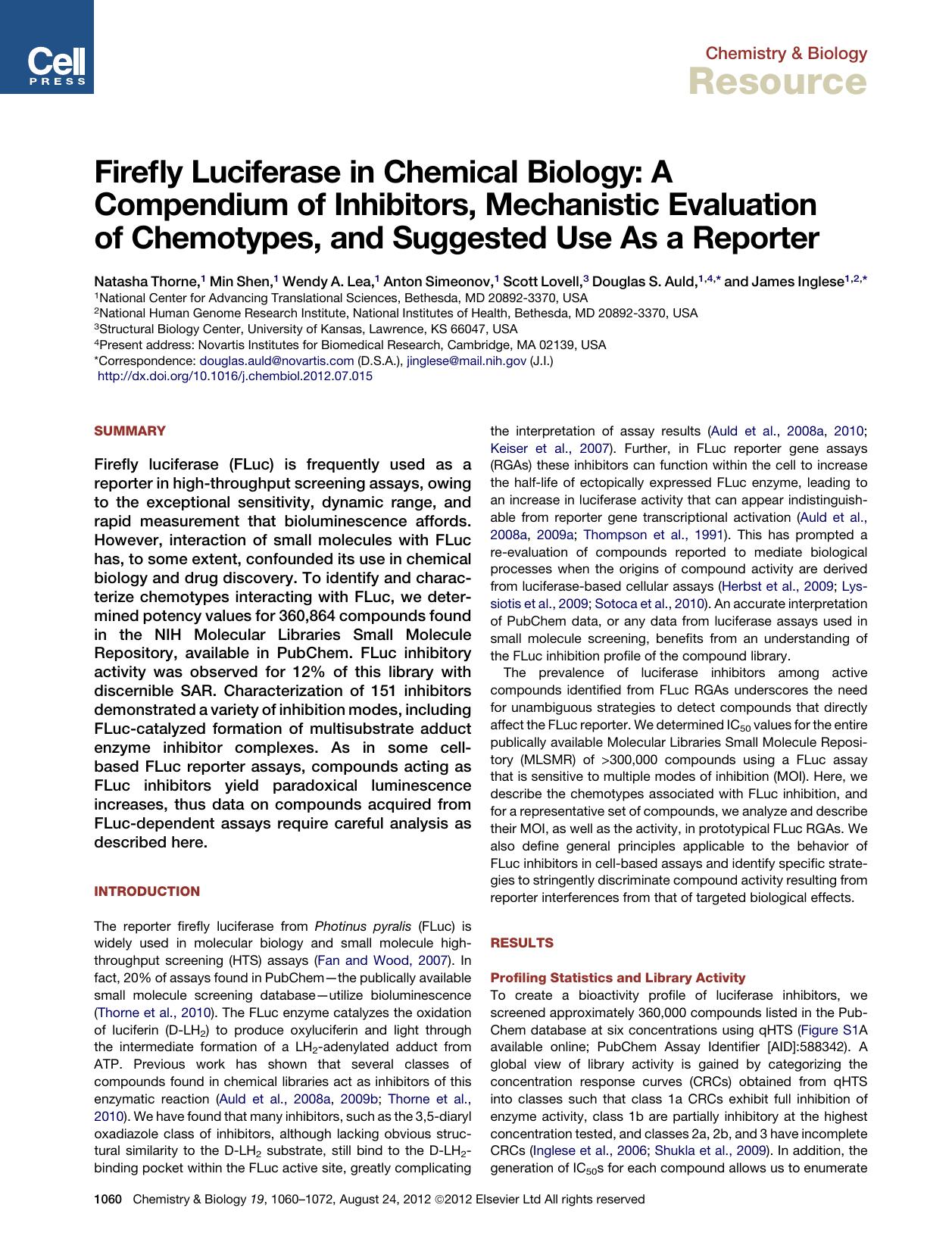 Firefly Luciferase in Chemical Biology: A Compendium of Inhibitors, Mechanistic Evaluation of Chemotypes, and Suggested Use As a Reporter by unknow