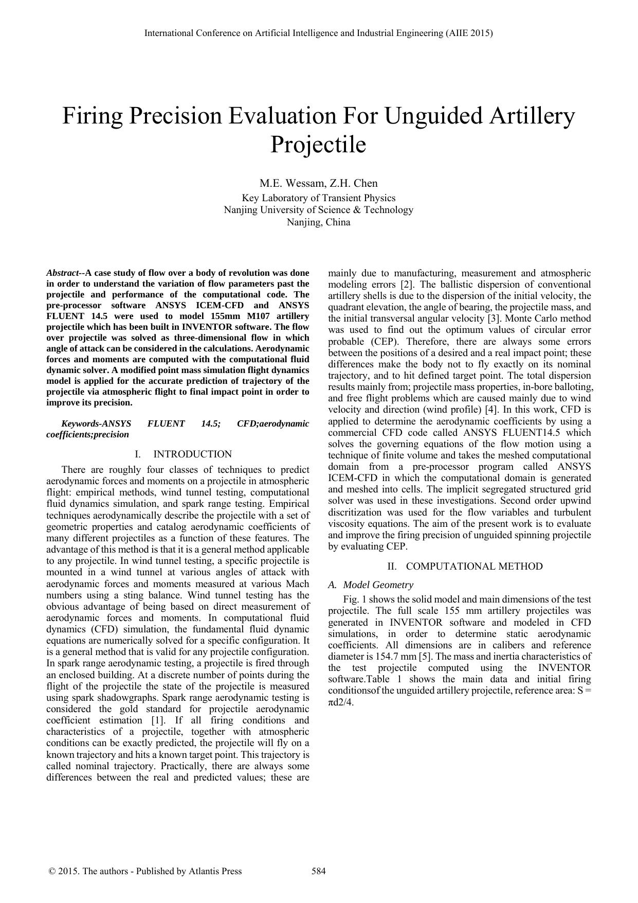 Firing precision evaluation for unguided artillery projectile by Wessam M.E. Chen Z.H