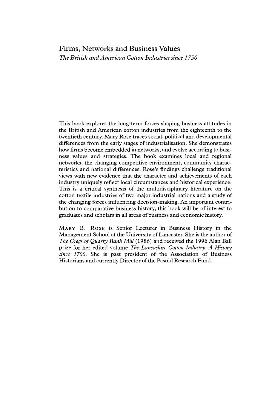 Firms, Networks and Business Values: The British and American Cotton Industries since 1750 by Mary B. Rose