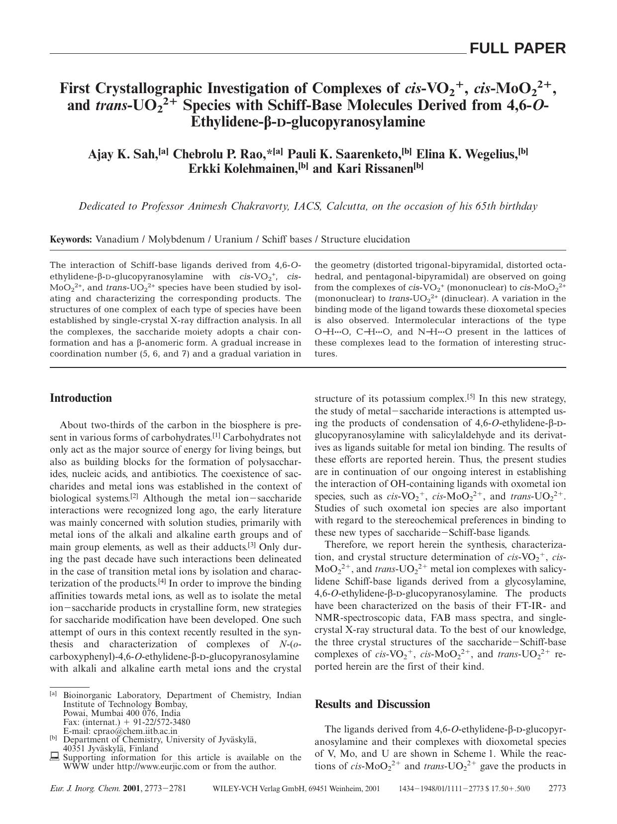 First Crystallographic Investigation of Complexes of cis-VO2+, cis-MoO22+, and trans-UO22+ Species with Schiff-Base Molecules Derived from 4,6-O-Ethylidene-[bgr]-D-glucopyranosylamine by Unknown