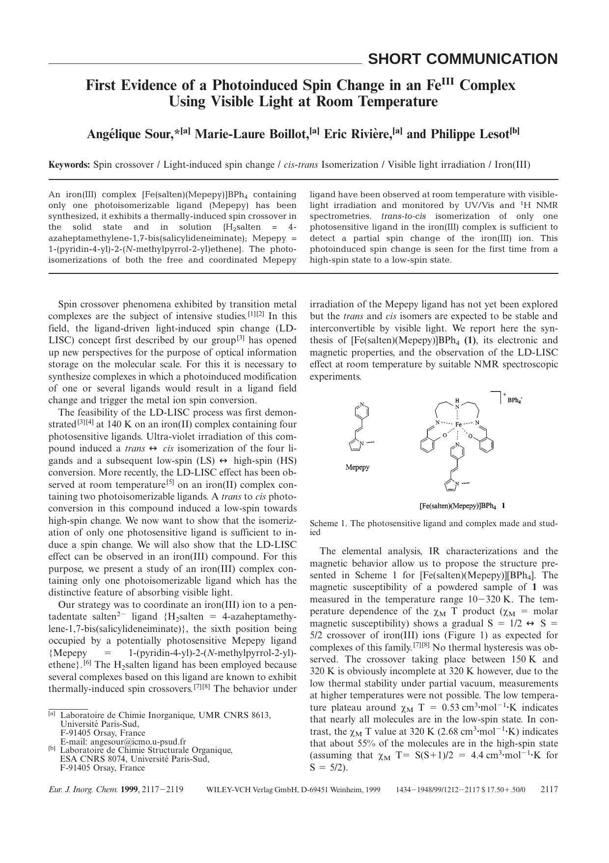 First Evidence of a Photoinduced Spin Change in an FeIII Complex Using Visible Light at Room Temperature by Unknown