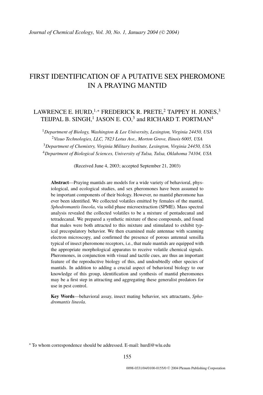 First Identification of a Putative Sex Pheromone in a Praying Mantid by Unknown