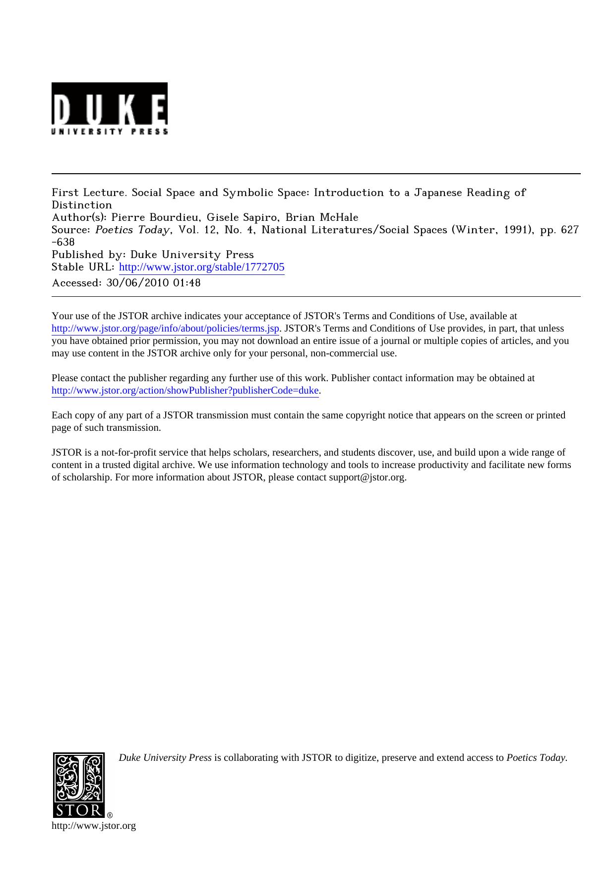 First Lecture. Social Space and Symbolic Space: Introduction to a Japanese Reading of Distinction by Introduction to a Japanese Reading of Distinction