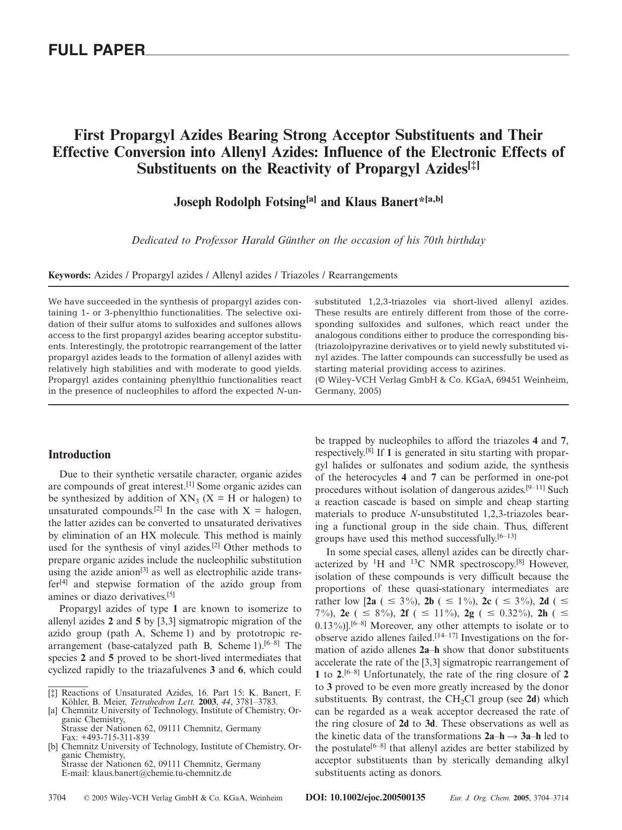First Propargyl Azides Bearing Strong Acceptor Substituents and Their Effective Conversion into Allenyl Azides: Influence of the Electronic Effects of Substituents on the Reactivit by Unknown