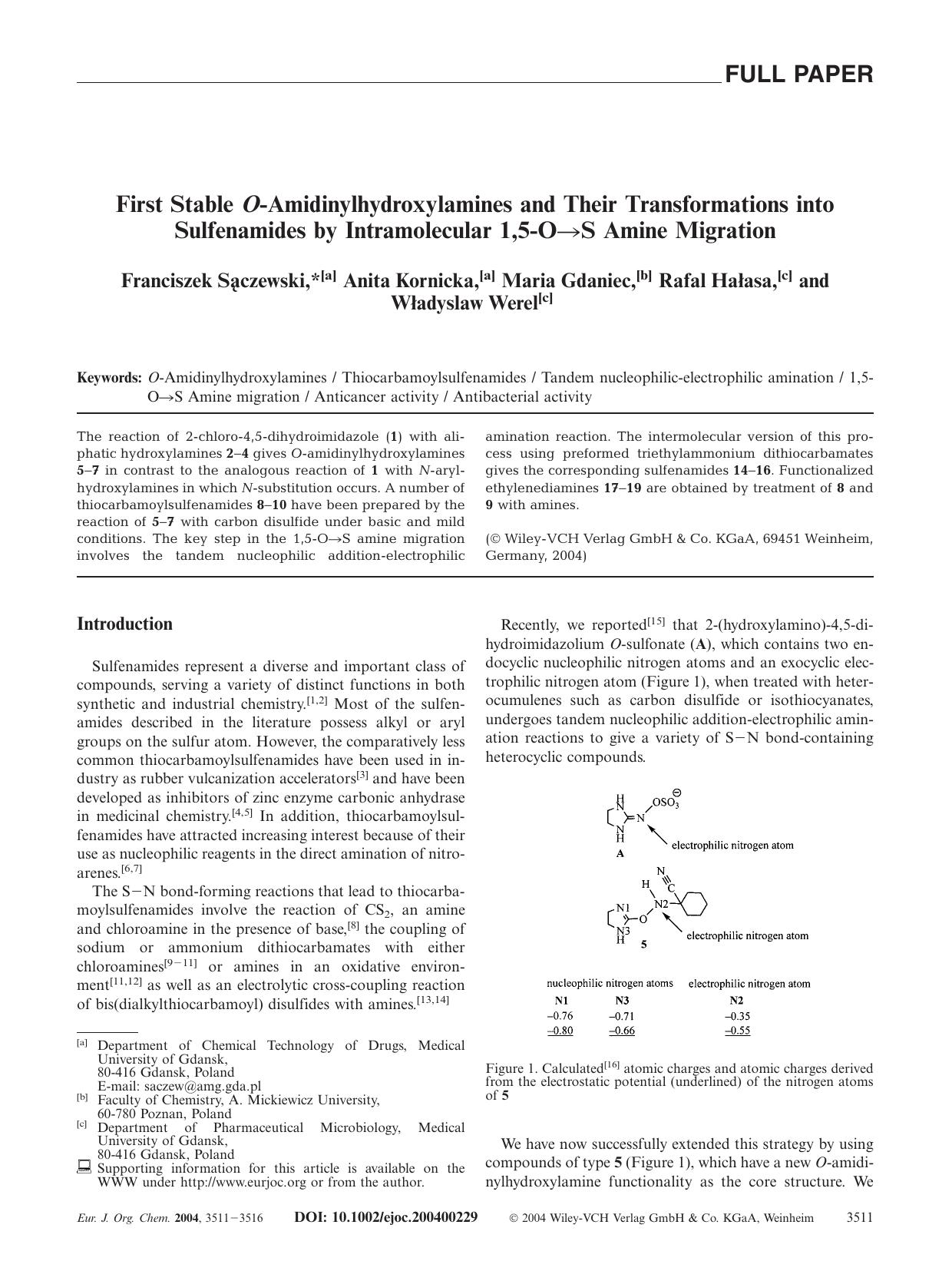 First Stable O-Amidinylhydroxylamines and Their Transformations into Sulfenamides by Intramolecular 1,5-O[rarr]S Amine Migration by Unknown