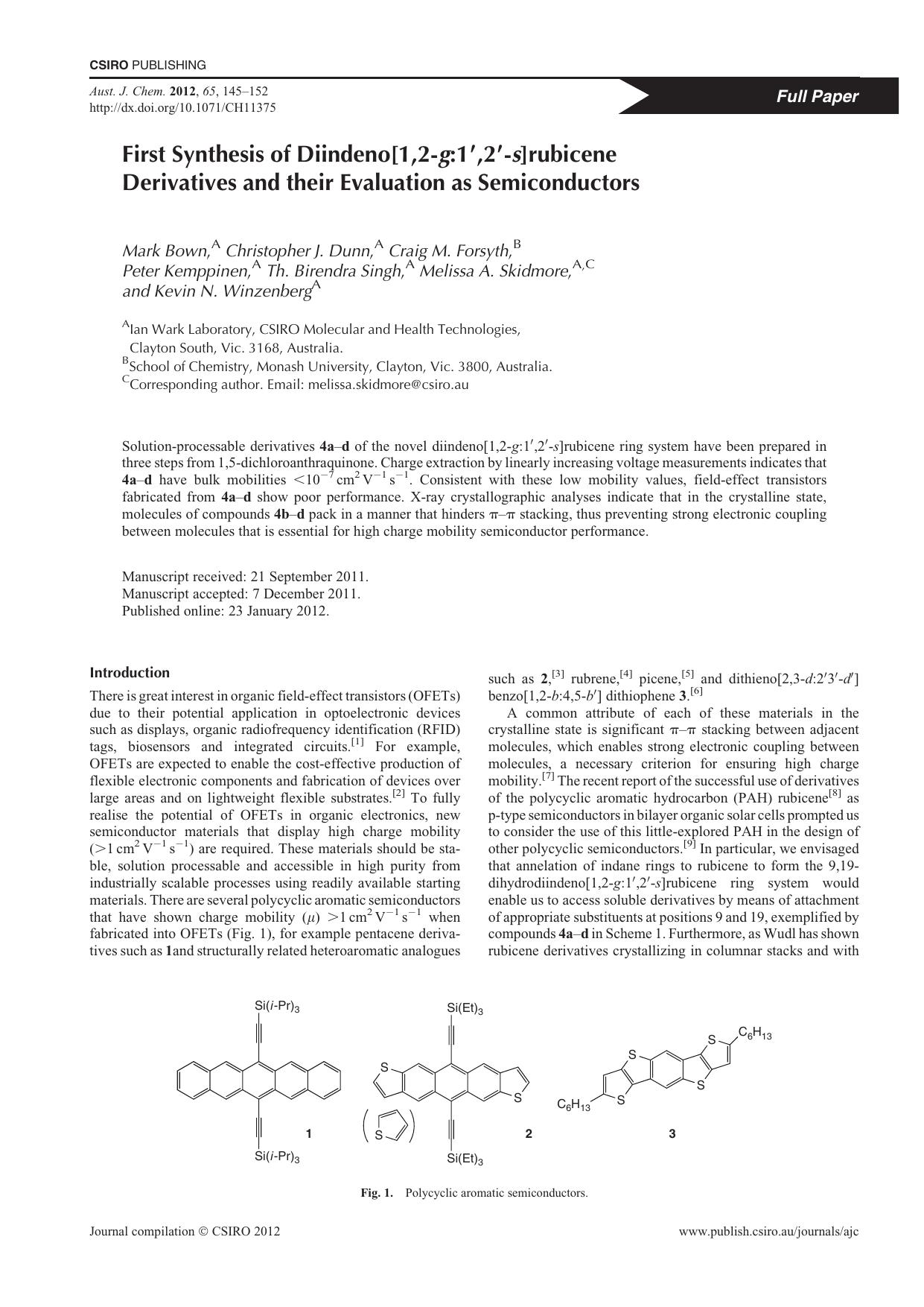 First Synthesis of Diindeno[1,2-g:1&prime;,2&prime;-s]rubicene Derivatives and their Evaluation as Semiconductors by M. Bown et al