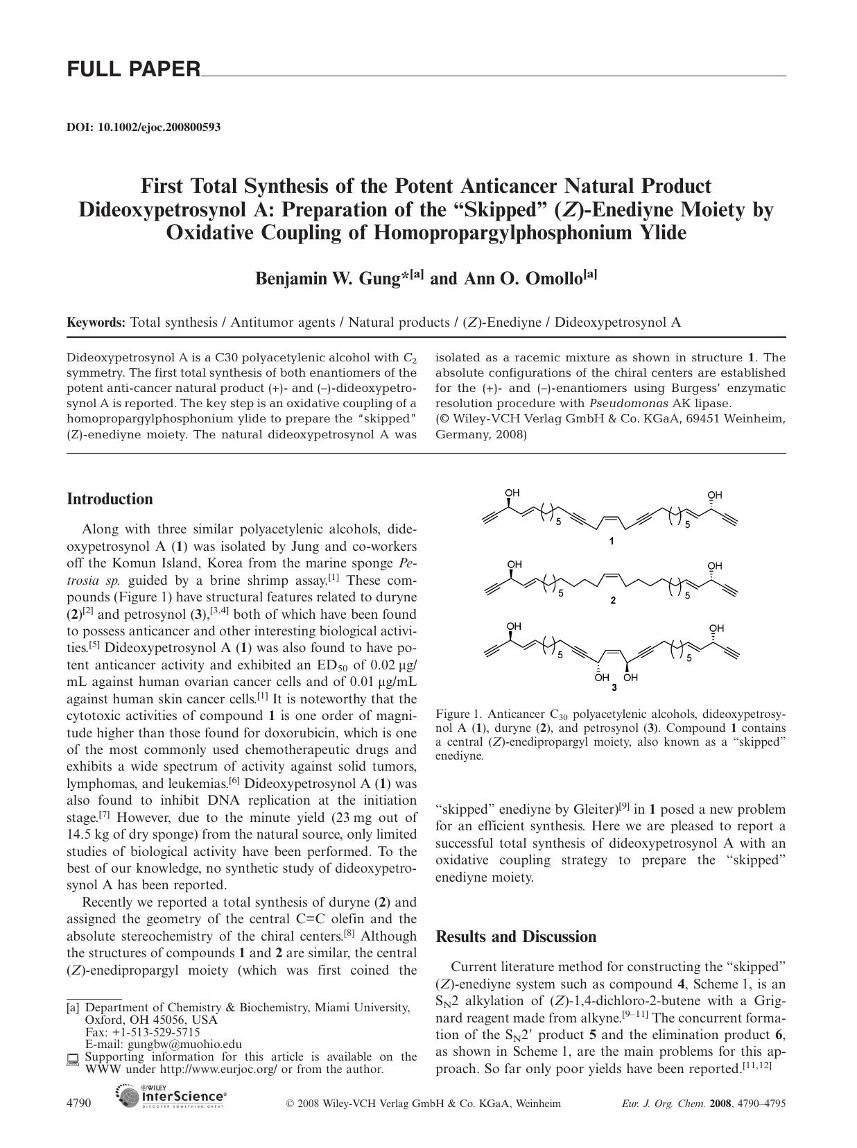 First Total Synthesis of the Potent Anticancer Natural Product Dideoxypetrosynol A: Preparation of the "Skipped" (Z)-Enediyne Moiety by Oxidative Coupling of Homopropargylphosphonium Ylide by Unknown
