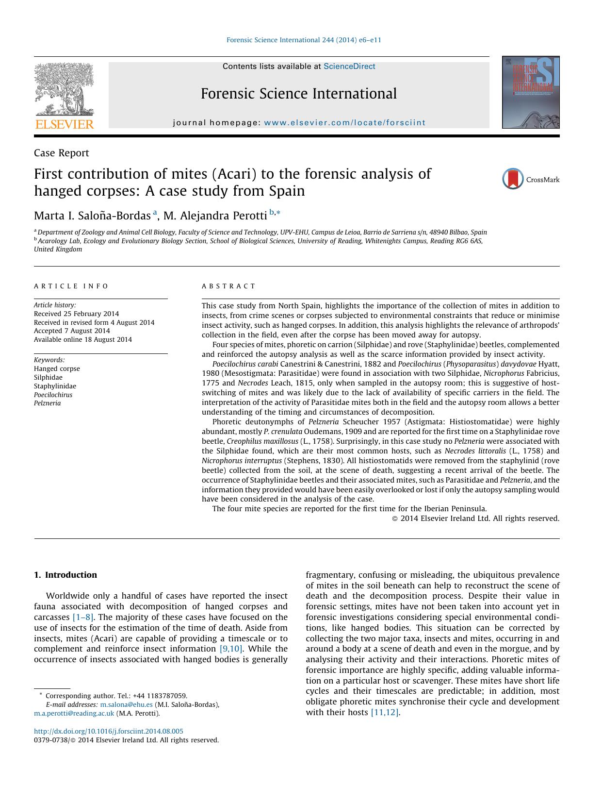 First contribution of mites (Acari) to the forensic analysis of hanged corpses: A case study from Spain by Marta I. Saloña-Bordas & M. Alejandra Perotti