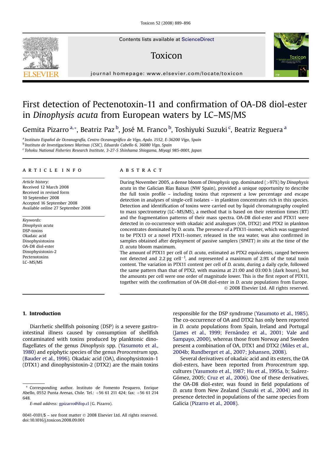 First detection of Pectenotoxin-11 and confirmation of OA-D8 diol-ester in Dinophysis acuta from European waters by LCâMSMS by Gemita Pizarro; Beatriz Paz; José M. Franco; Toshiyuki Suzuki; Beatriz Reguera