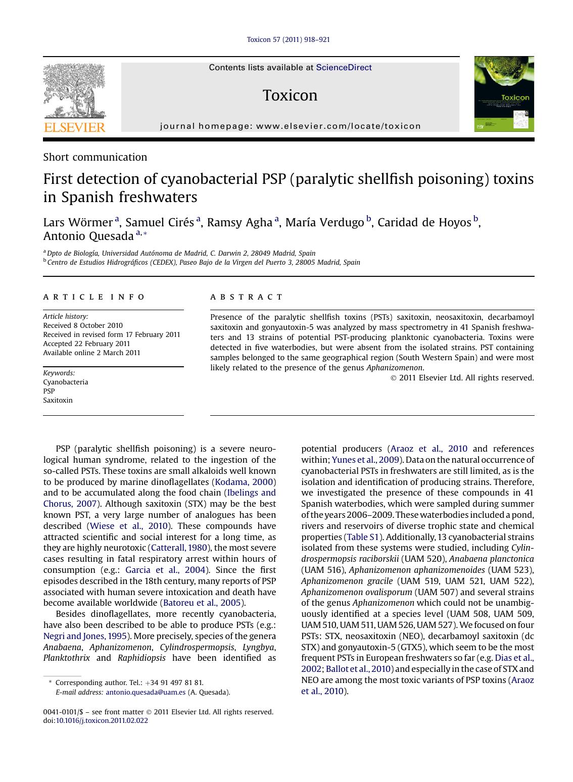 First detection of cyanobacterial PSP (paralytic shellfish poisoning) toxins in Spanish freshwaters by Lars Wörmer & Samuel Cirés & Ramsy Agha & María Verdugo & Caridad de Hoyos & Antonio Quesada