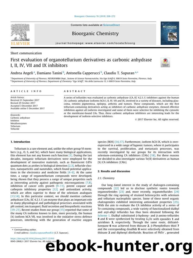 First evaluation of organotellurium derivatives as carbonic anhydrase I, II, IV, VII and IX inhibitors by Andrea Angeli & Damiano Tanini & Antonella Capperucci & Claudiu T. Supuran