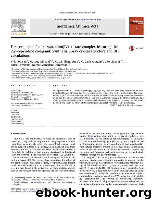 First example of a 1:1 vanadium(IV)âcitrate complex featuring the 2,2â²-bipyridine co-ligand: Synthesis, X-ray crystal structure and DFT calculations by unknow