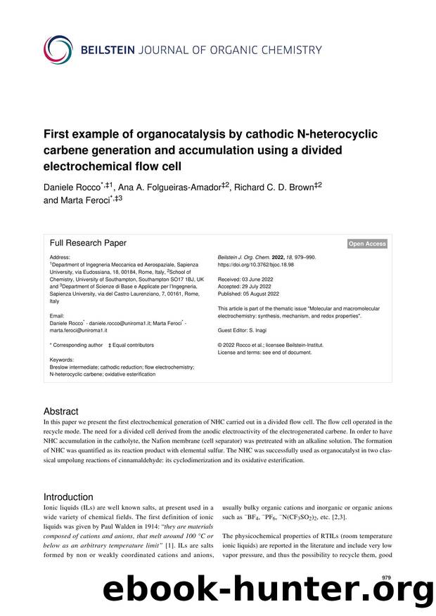 First example of organocatalysis by cathodic N-heterocyclic carbene generation and accumulation using a divided electrochemical flow cell by Daniele Rocco Ana A. Folgueiras-Amador Richard C. D. Brown Marta Feroci
