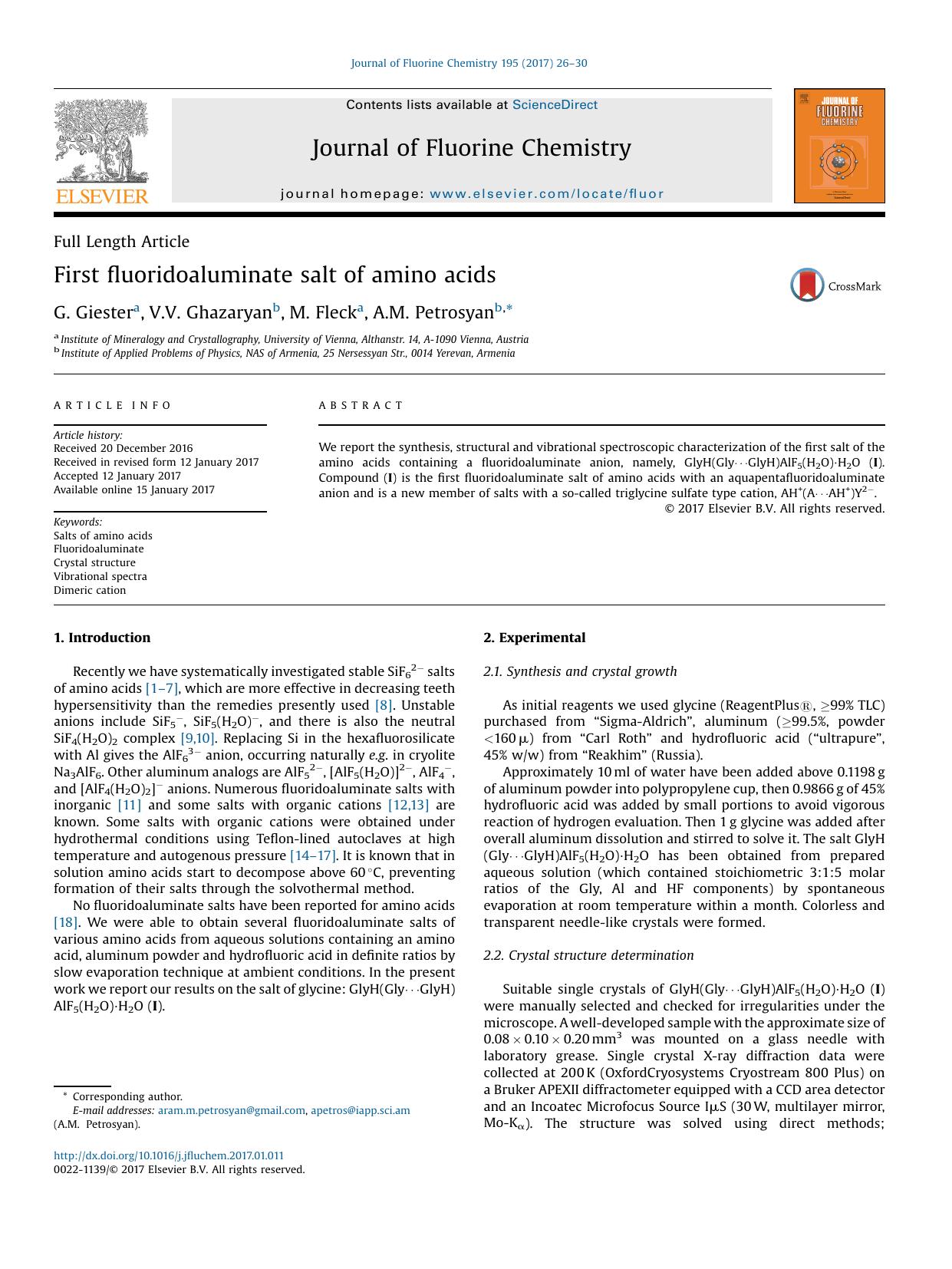 First fluoridoaluminate salt of amino acids by G. Giester & V.V. Ghazaryan & M. Fleck & A.M. Petrosyan
