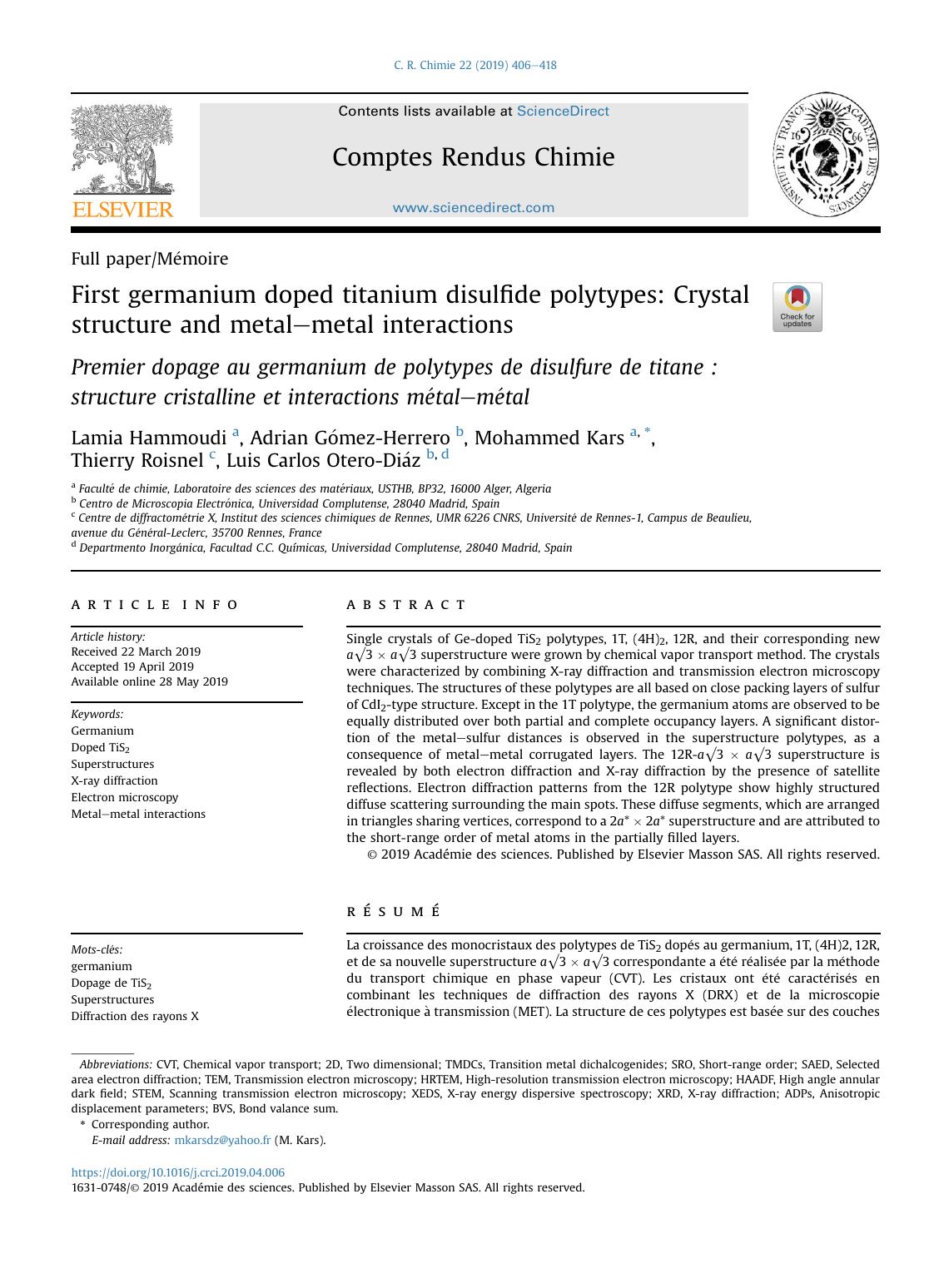 First germanium doped titanium disulfide polytypes: Crystal structure and metal-metal interactions by Lamia Hammoudi & Adrian Gómez-Herrero & Mohammed Kars & Thierry Roisnel & Luis Carlos Otero-Diáz