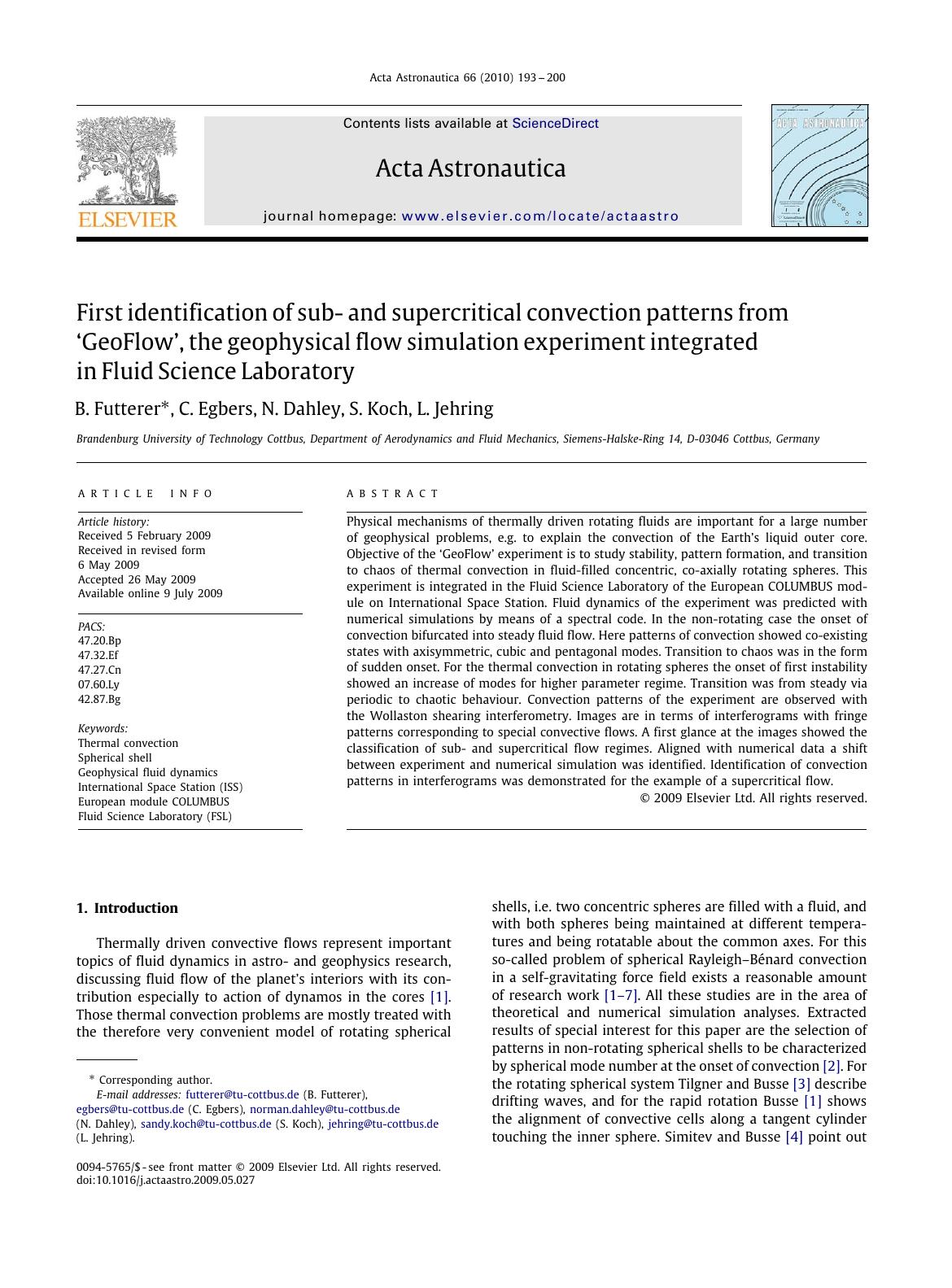 First identification of sub- and supercritical convection patterns from âGeoFlow, the geophysical flow simulation experiment integrated in Fluid Science Laboratory by B. Futterer; C. Egbers; N. Dahley; S. Koch; L. Jehring