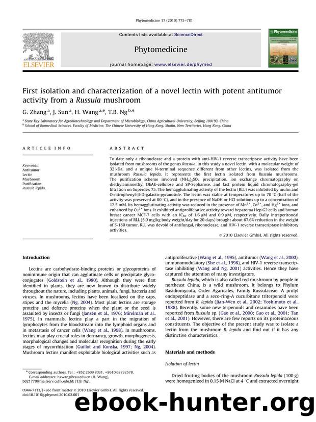 First isolation and characterization of a novel lectin with potent antitumor activity from a Russula mushroom by G. Zhang; J. Sun; H. Wang; T.B. Ng