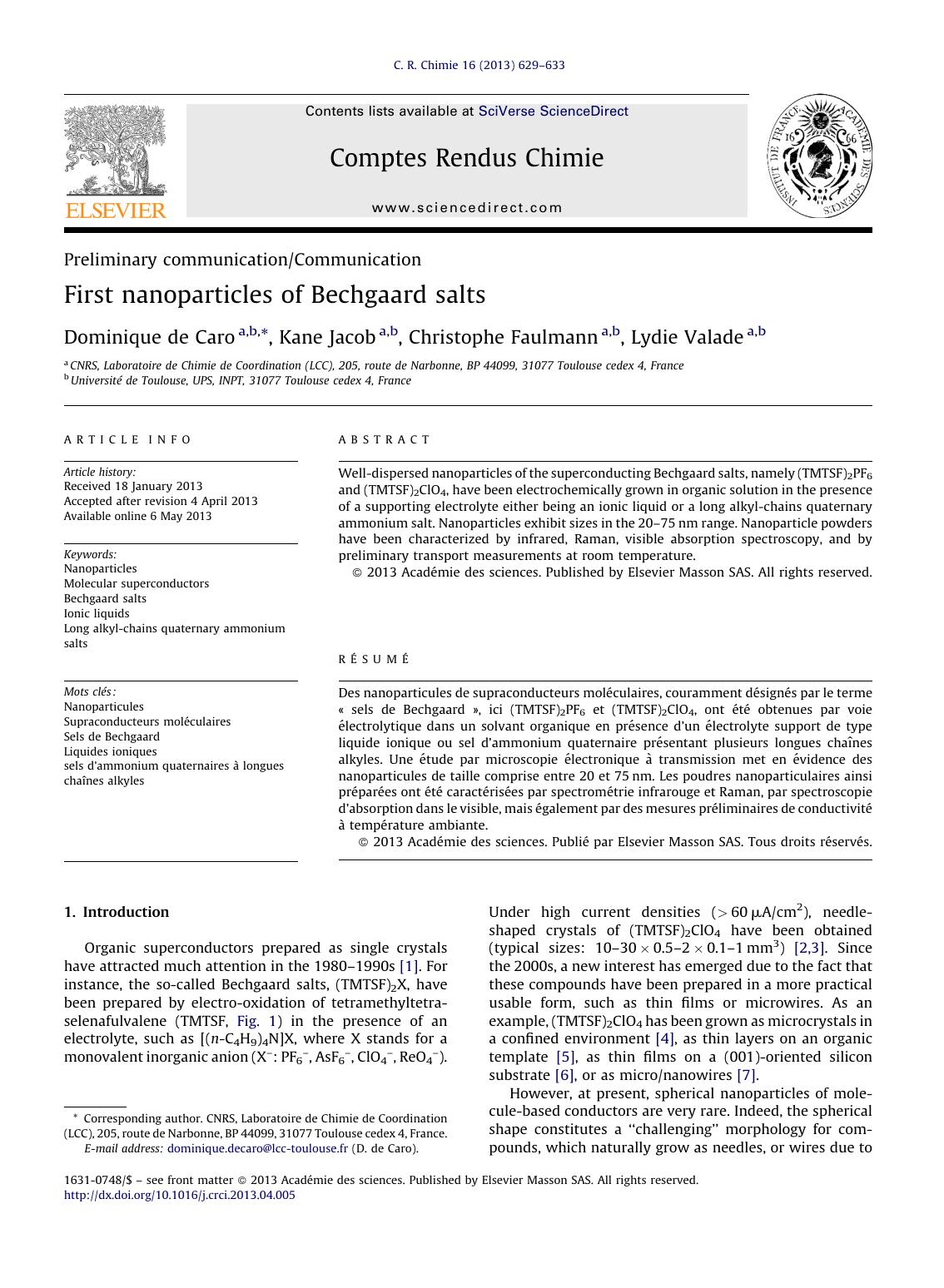 First nanoparticles of Bechgaard salts by Dominique de Caro