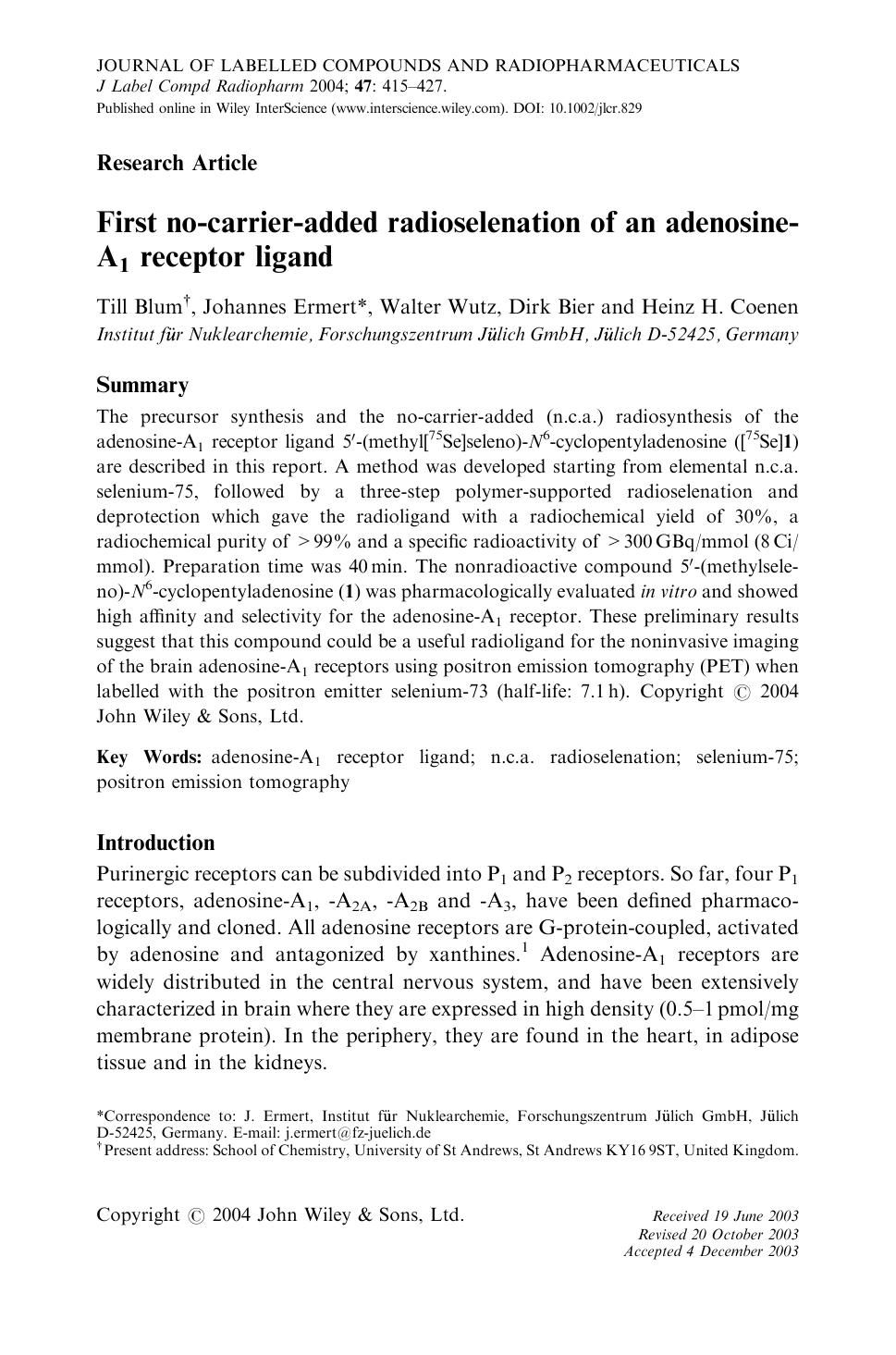 First no-carrier-added radioselenation of an adenosine-A1 receptor ligand by Unknown