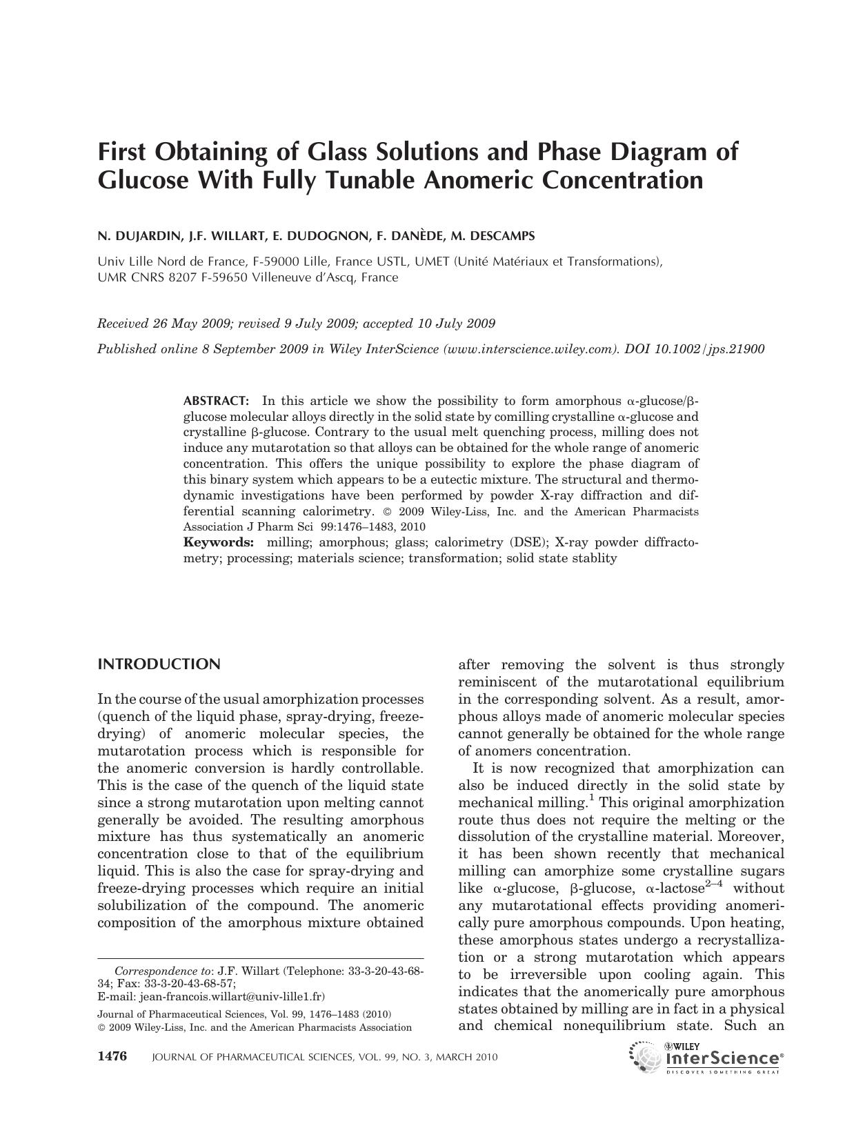 First obtaining of glass solutions and phase diagram of glucose with fully tunable anomeric concentration by Unknown