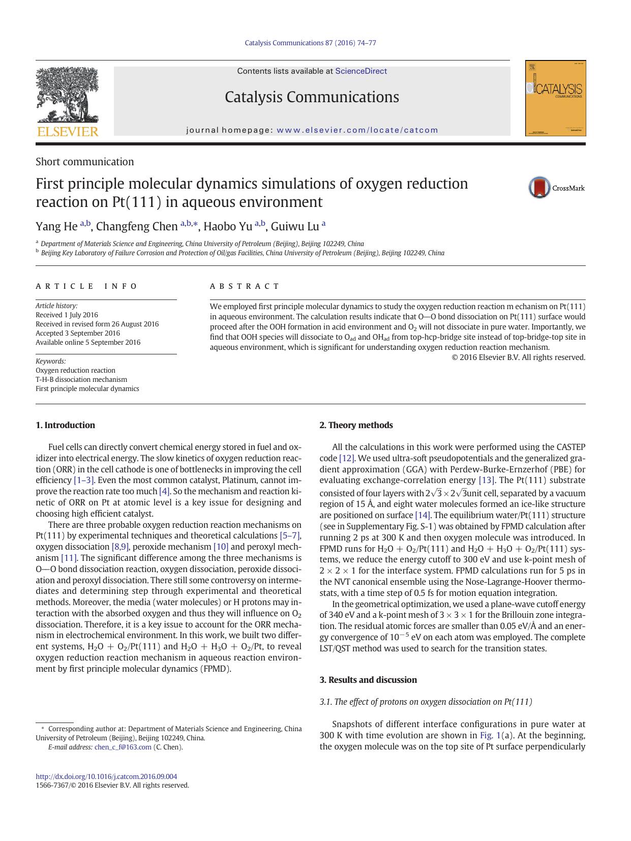 First principle molecular dynamics simulations of oxygen reduction reaction on Pt(111) in aqueous environment by Yang He & Changfeng Chen & Haobo Yu & Guiwu Lu