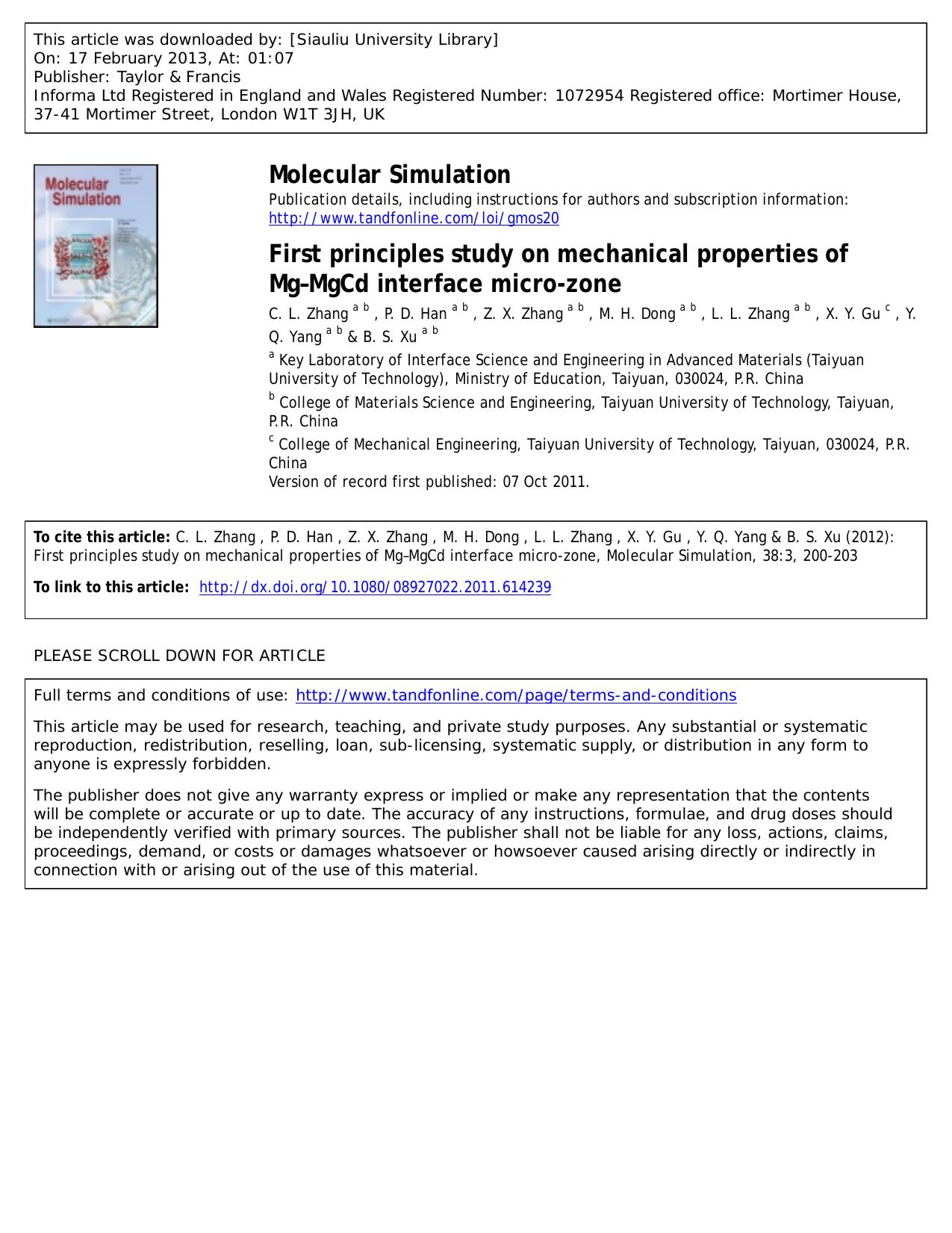 First principles study on mechanical properties of MgâMgCd interface micro-zone by C. L. Zhang P. D. Han Z. X. Zhang M. H. Dong L. L. Zhang X. Y. Gu Y. Q. Yang & B. S. Xu