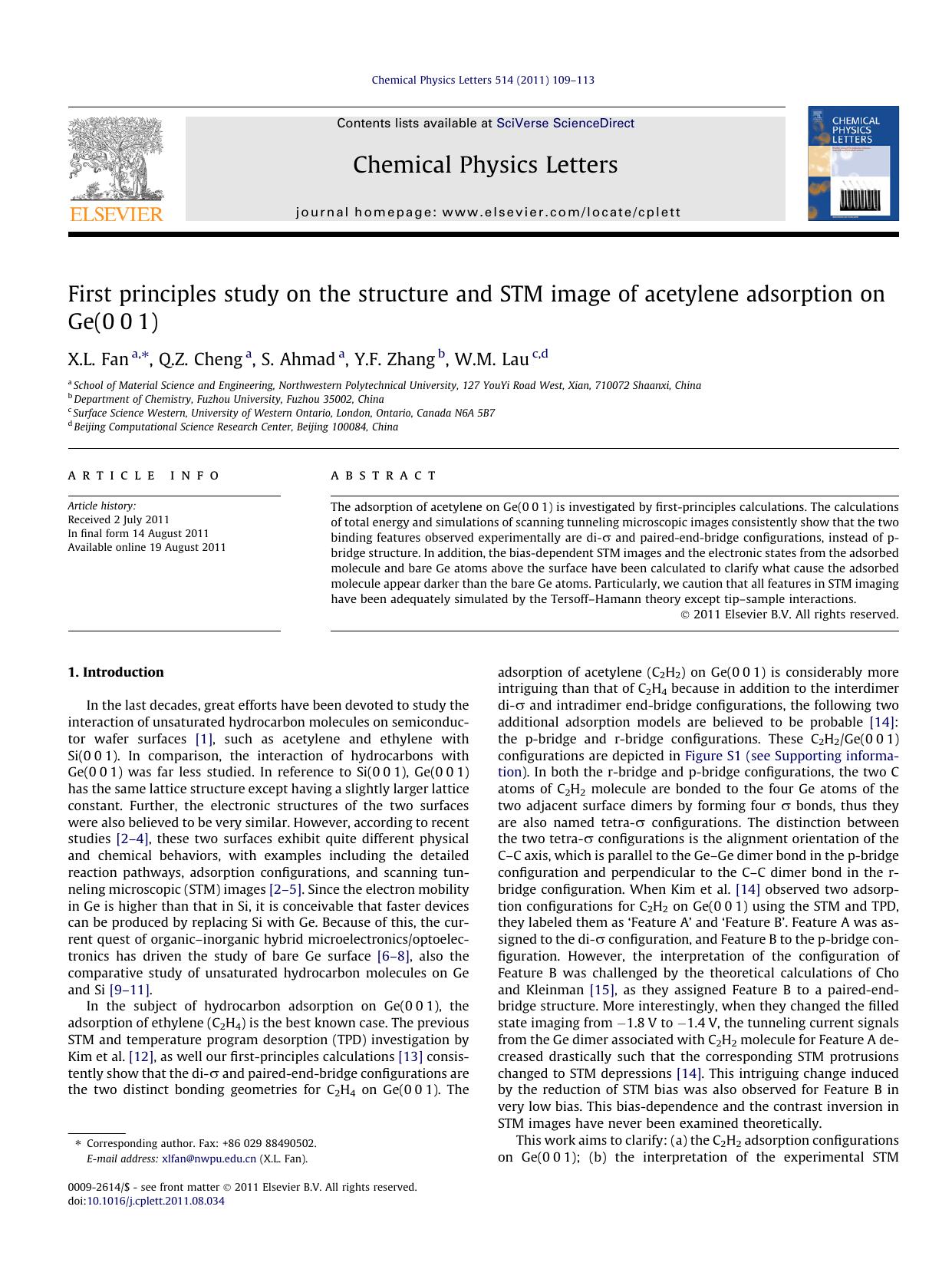 First principles study on the structure and STM image of acetylene adsorption on Ge(001) by X.L. Fan & Q.Z. Cheng & S. Ahmad & Y.F. Zhang & W.M. Lau