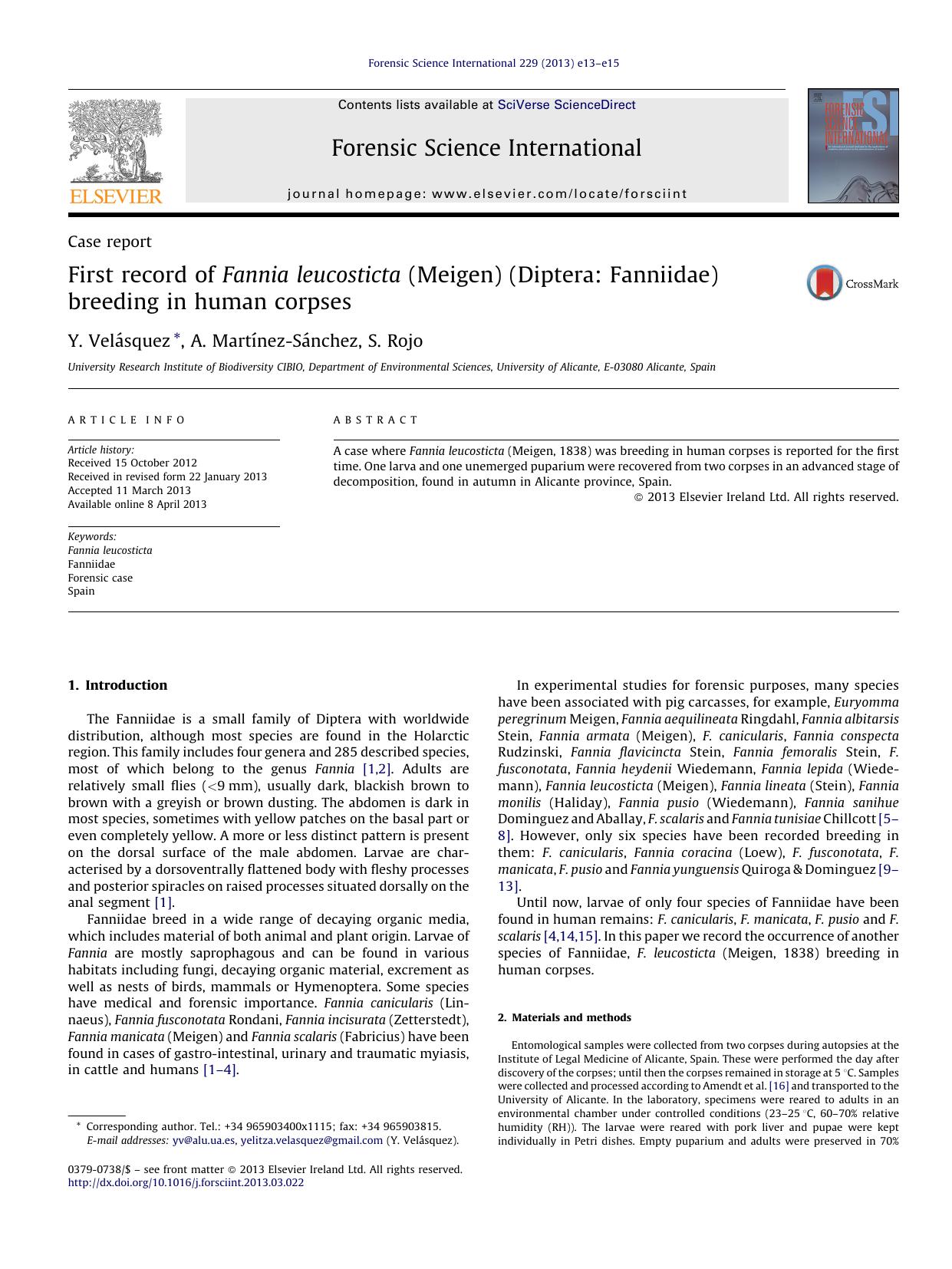 First record of Fannia leucosticta (Meigen) (Diptera: Fanniidae) breeding in human corpses by Y. Velásquez