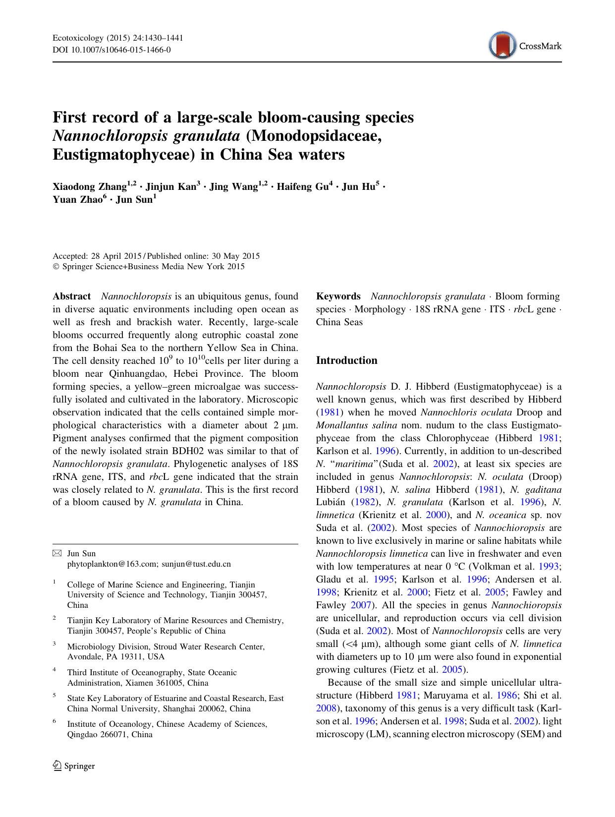 First record of a large-scale bloom-causing species Nannochloropsis granulata (Monodopsidaceae, Eustigmatophyceae) in China Sea waters by Xiaodong Zhang & Jinjun Kan & Jing Wang & Haifeng Gu & Jun Hu & Yuan Zhao & Jun Sun